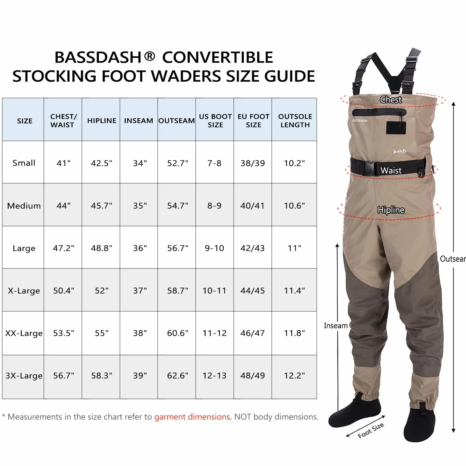 Bassdash Waders Respirants Convertibles Poitrine/Taille Pêche Chasse Hommes