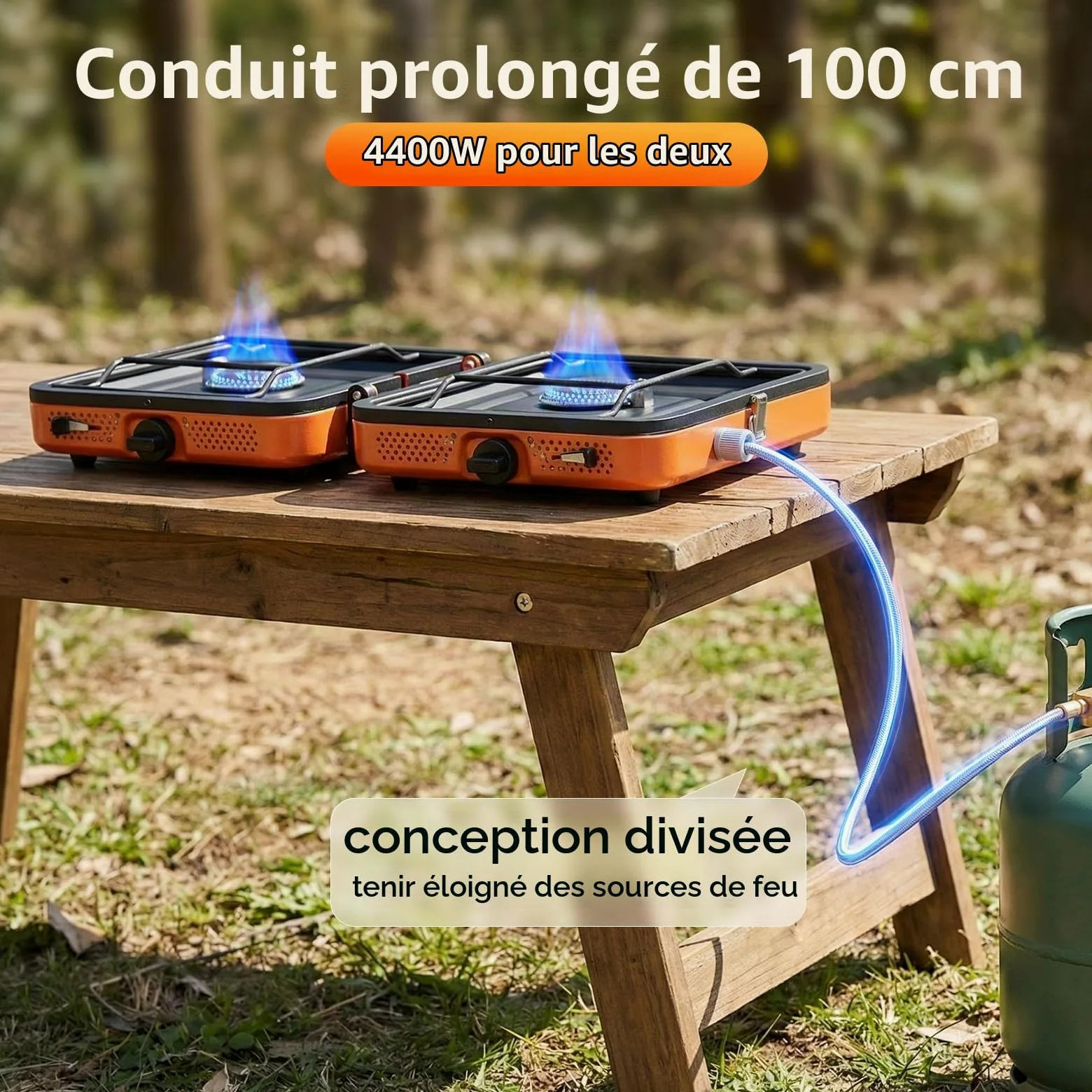 Réchaud de Camping Portable 2 Brûleurs 4400W, Cuisinière à Gaz Puissante pour Cuisson en Extérieur, Réchaud Pliable avec Allumage pour Randonnée Pique-nique Voyage