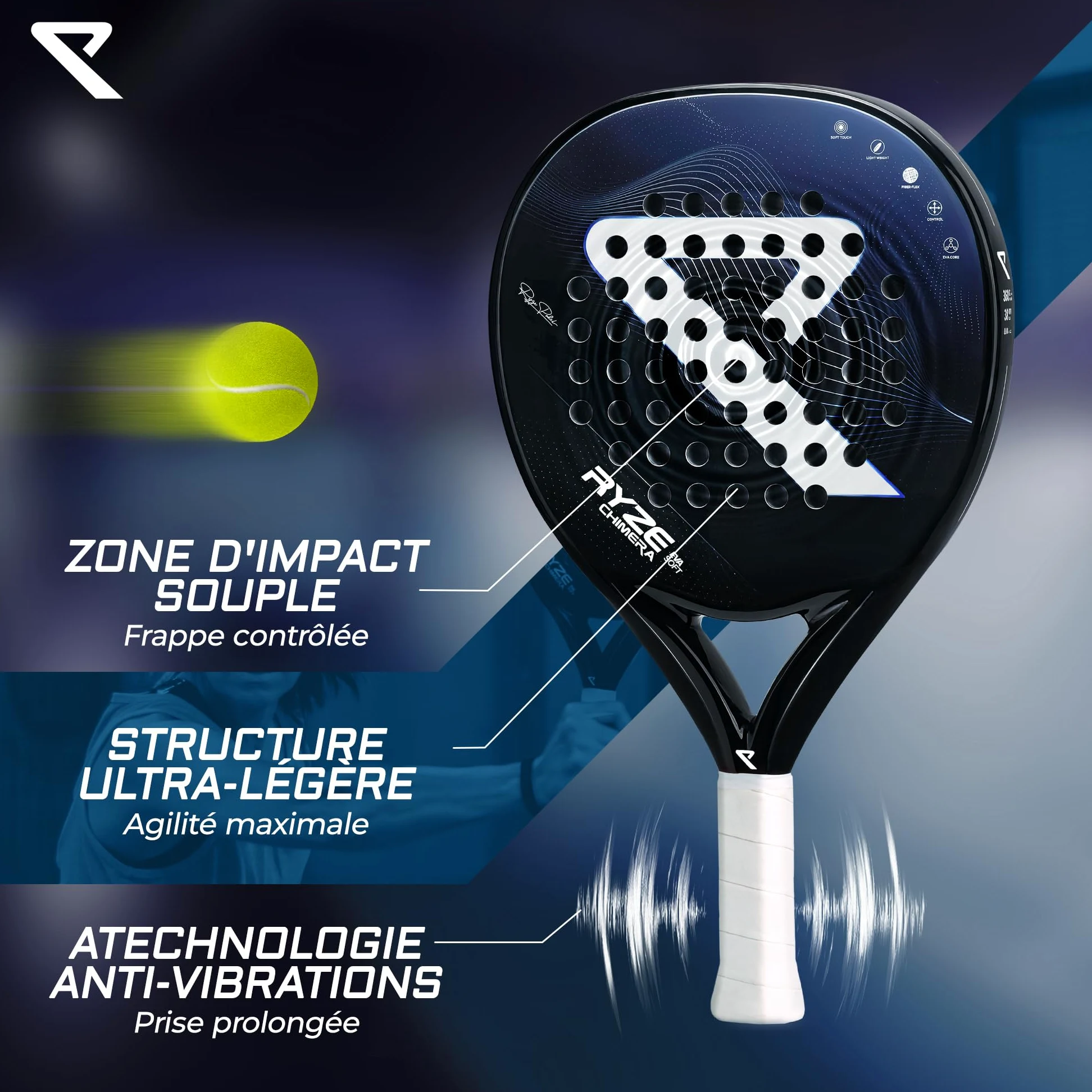 RYZE Chimera Raquette de Padel - Carbone & Fibre de Verre - Contrôle + Précision Maximum - Padel Raquette avec EVA-15 Flex - Structure Légère 360g - Paddle Raquette pour Homme et Femme - Étui Inclus