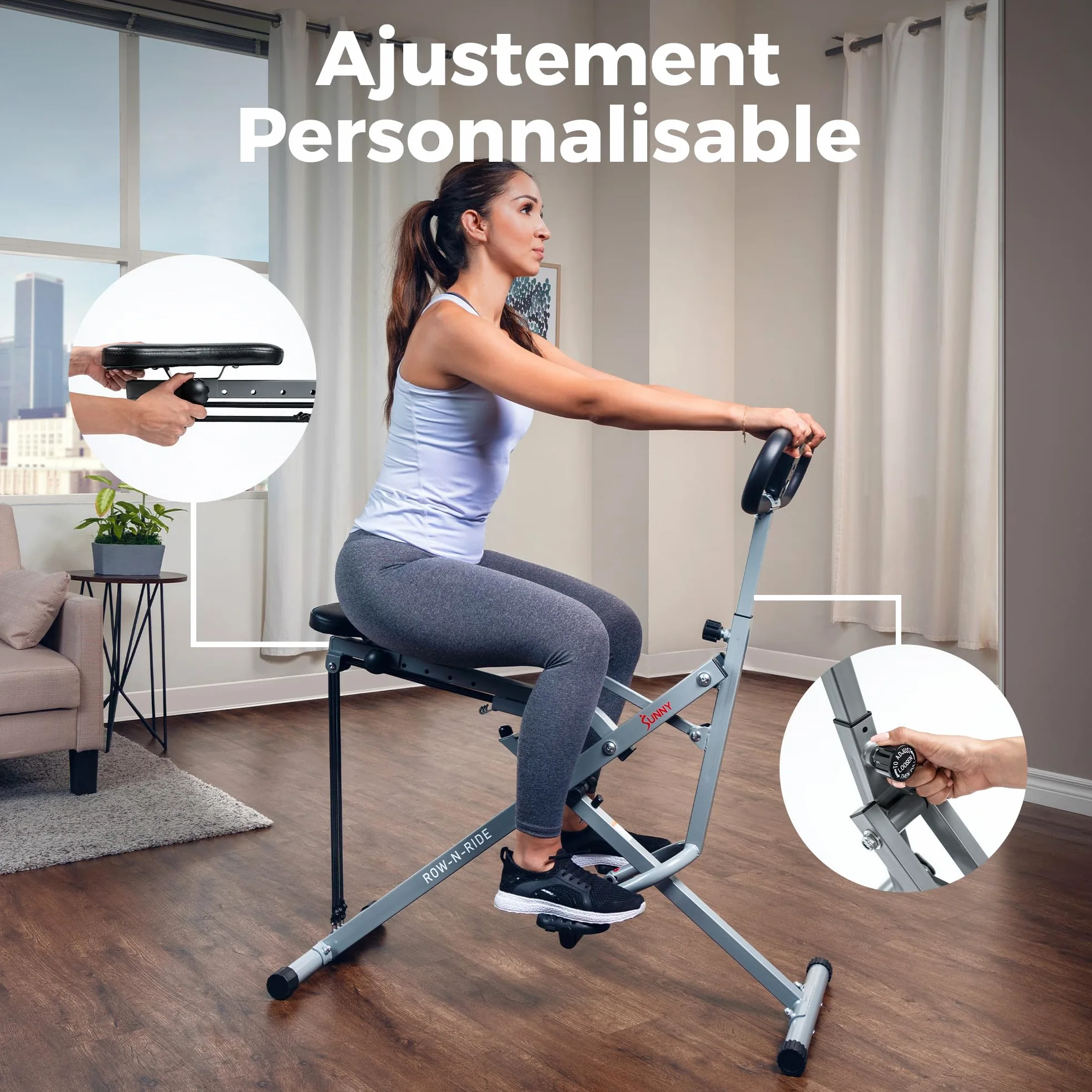 Sunny Health & Fitness Row-N-Ride Connecté Pliable Squat et Rameur | Entraîneur Fessiers et Jambes, 3 Angles de Squat, 4-Résistances, App SunnyFit, 150 kg Charge, Siège et Poignée Réglables