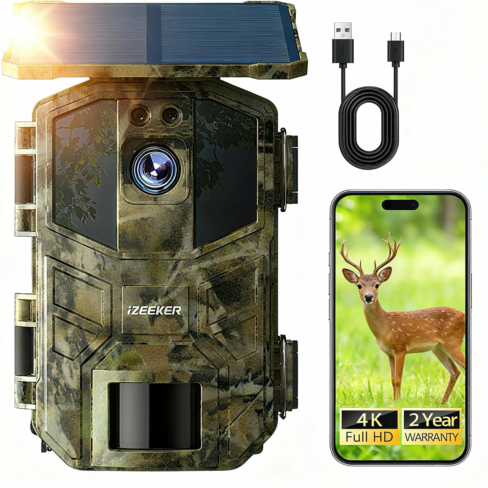 iZEEKER Solaire WiFi Caméra de Chasse, 4K 64MP Bluetooth Caméra de Chasse avec Vision Nocturne, 0,1s Temps de Déclenchement Activé par Mouvement, 5200mAh Batterie