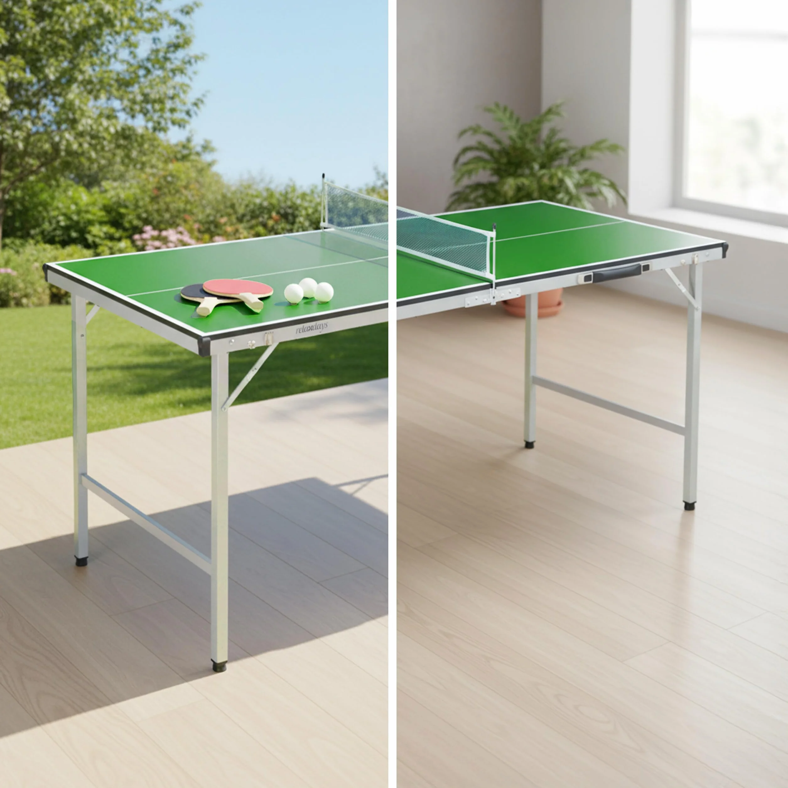 Relaxdays Table de ping-Pong Pliante avec Filet, 2 Raquettes, 3 balles, 71x150x67 cm, Vert