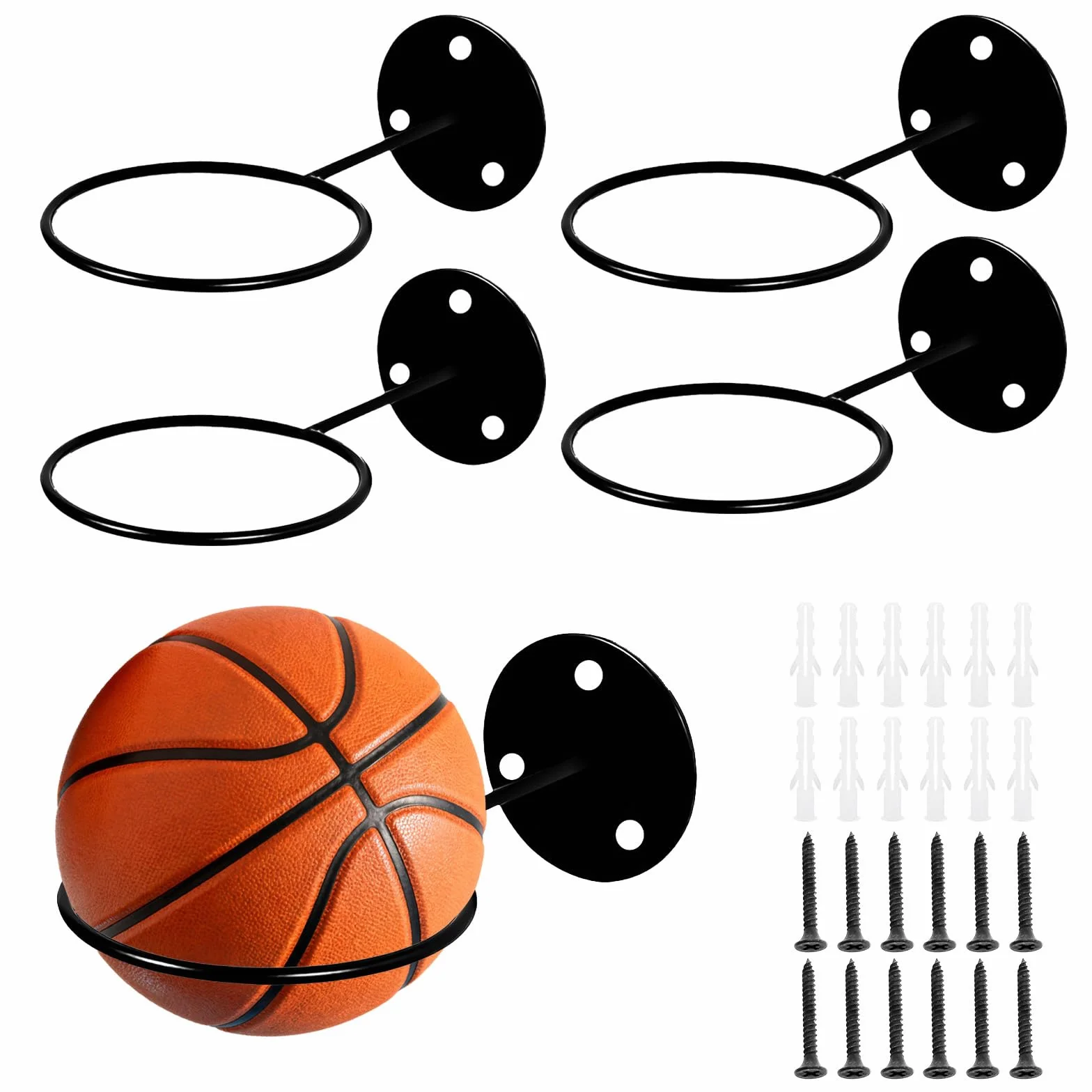 Porte Ballon Basket Supports Mural 4 Pièces, Rangement Ballons Football Volley, Noir