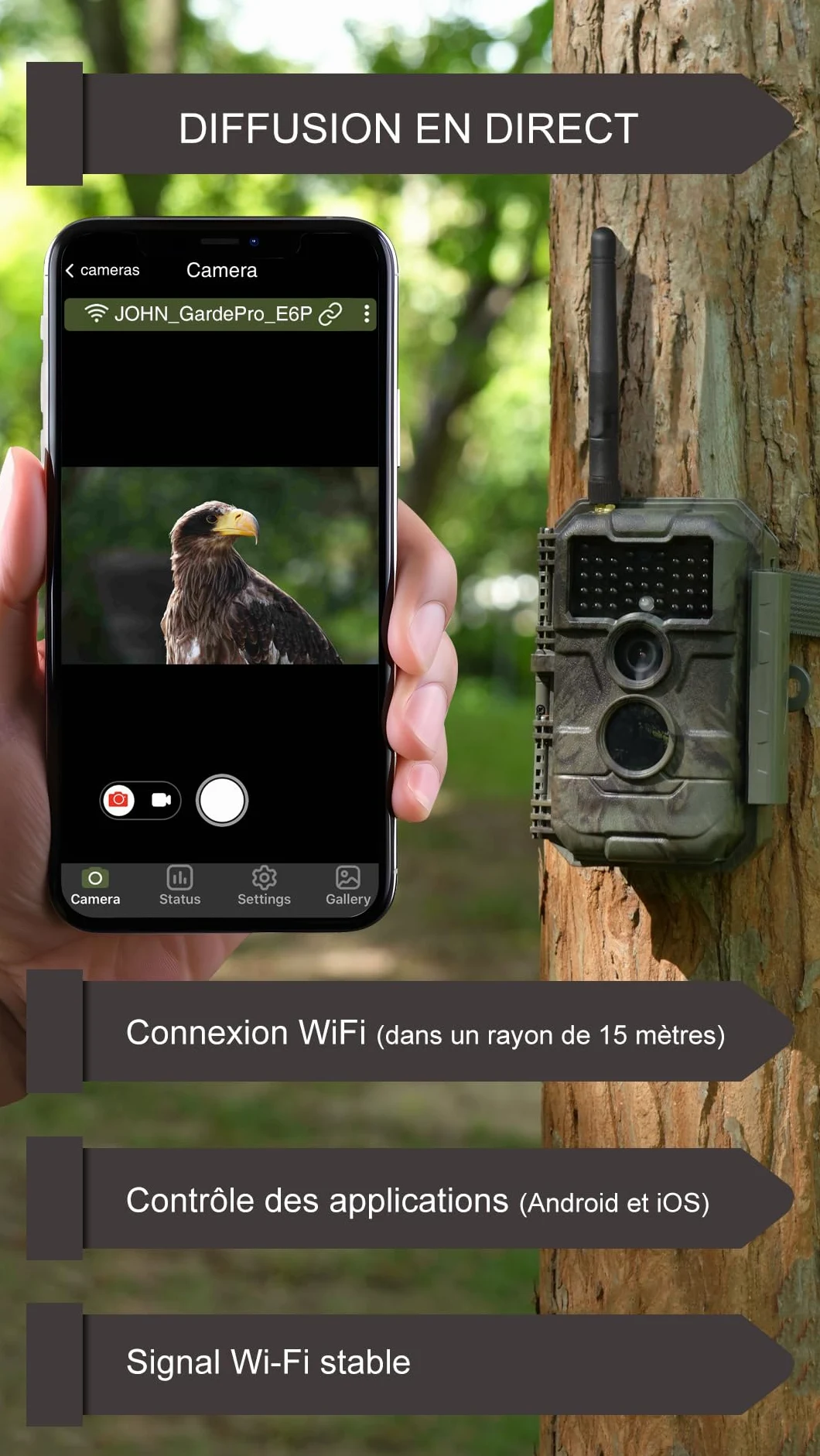 GardePro E6P Caméra de Chasse, WiFi, Batterie Rechargeable 8000 mAh, 64MP 1296P, Caméra E6P No Glow Infrarouge Vision Nocturne, Champ de Vision Large de 110°