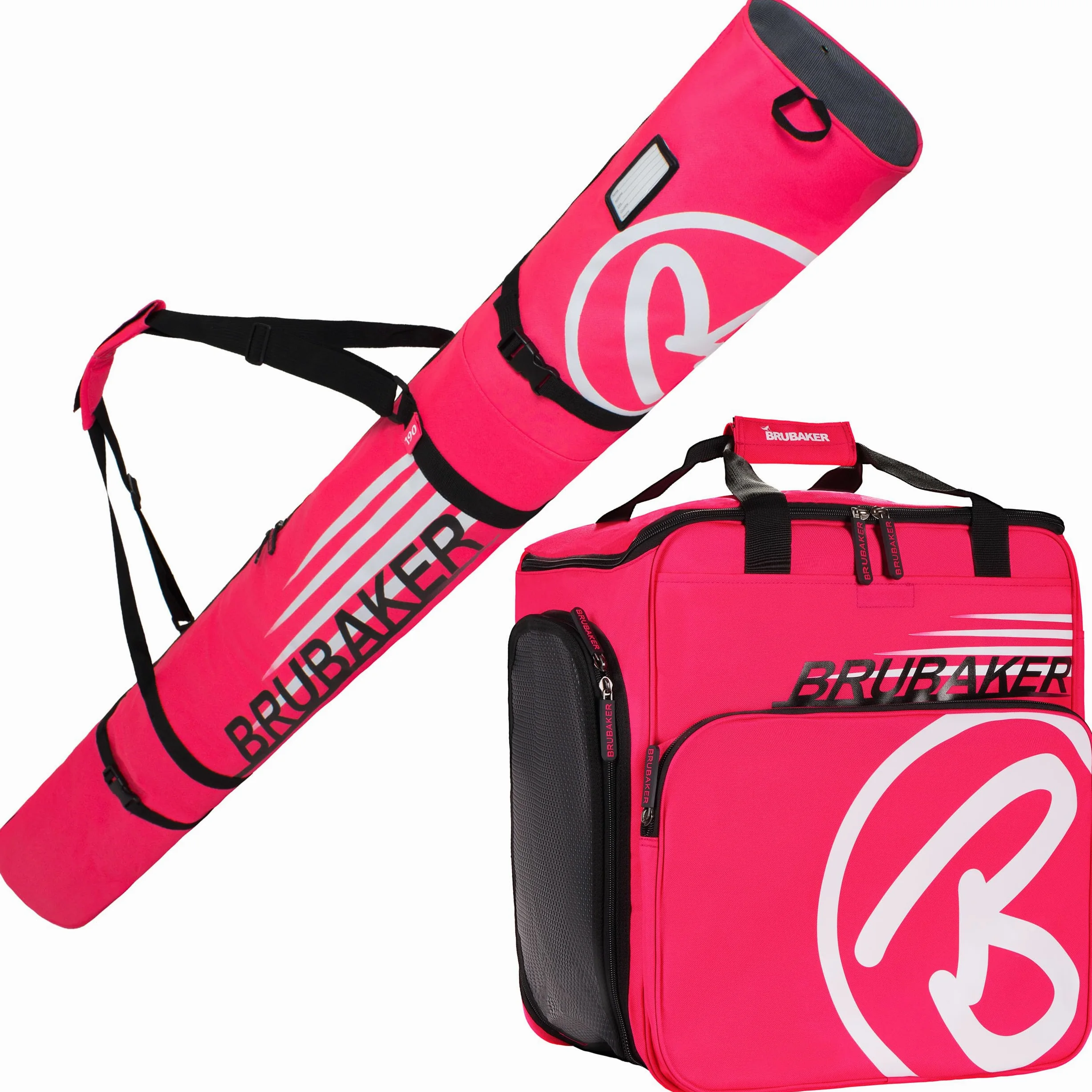 BRUBAKER Set de Ski ‘Champion’ - Série limitée - Housse à Skis et Sac à Chaussures de Ski pour 1 Paire de Skis + Bâtons + Chaussures + Casque - 190 cm - Fuchsia Fluo Blanc
