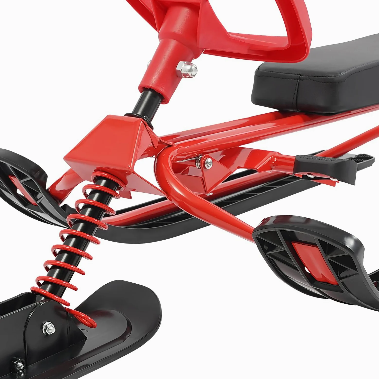 Luge de ski pour enfants avec volant et frein, 50 × 120 × 38 cm, 100 kg, rouge + noir, siège en polyuréthane, luge d'hiver avec ressort et corde de traction, pour enfants, adolescents et adultes à
