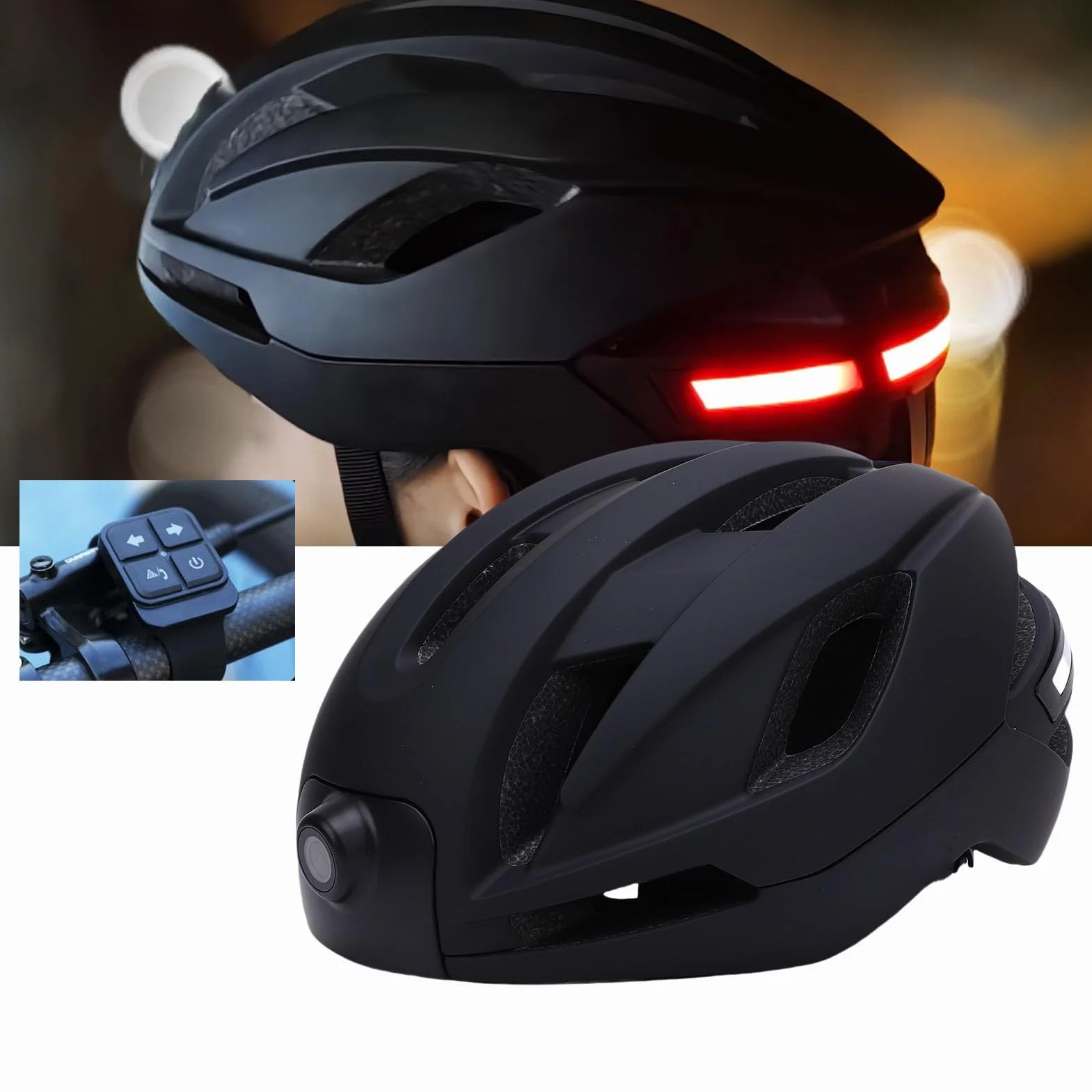 Lazmin112 Casque de Vélo avec Caméra, Enregistreur Vidéo HD 1080p, BT Casque de Vélo Intelligent, avec Feu Arrière, Lecteur de Musique, Télécommande, Objectif Grand Angle 170° (Black)