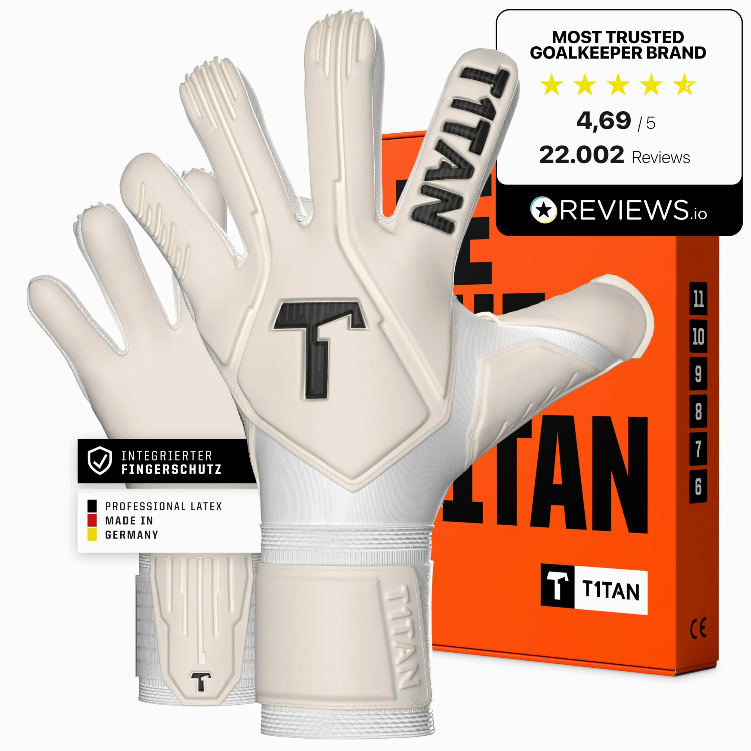 T1TAN Legend White-Out Professionnels Gants de Gardien de But, avec Protection des Doigts, pour entraînement et matchs, Enfants et Adultes, Latex, fabriqués en Allemagne