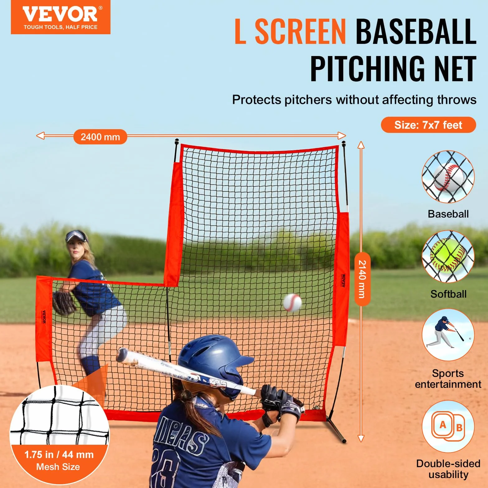VEVOR Écran Protecteur de Baseball en Forme de L, Filet de Protection Softball 240x214 cm, Portable avec Sac de Transport