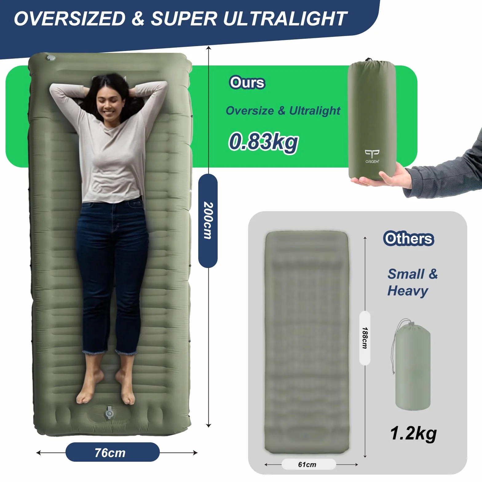 Origem Matelas Camping Autogonflant Ultra Léger 14cm avec Pompe à Pied et Oreiller pour Tente Randonnée