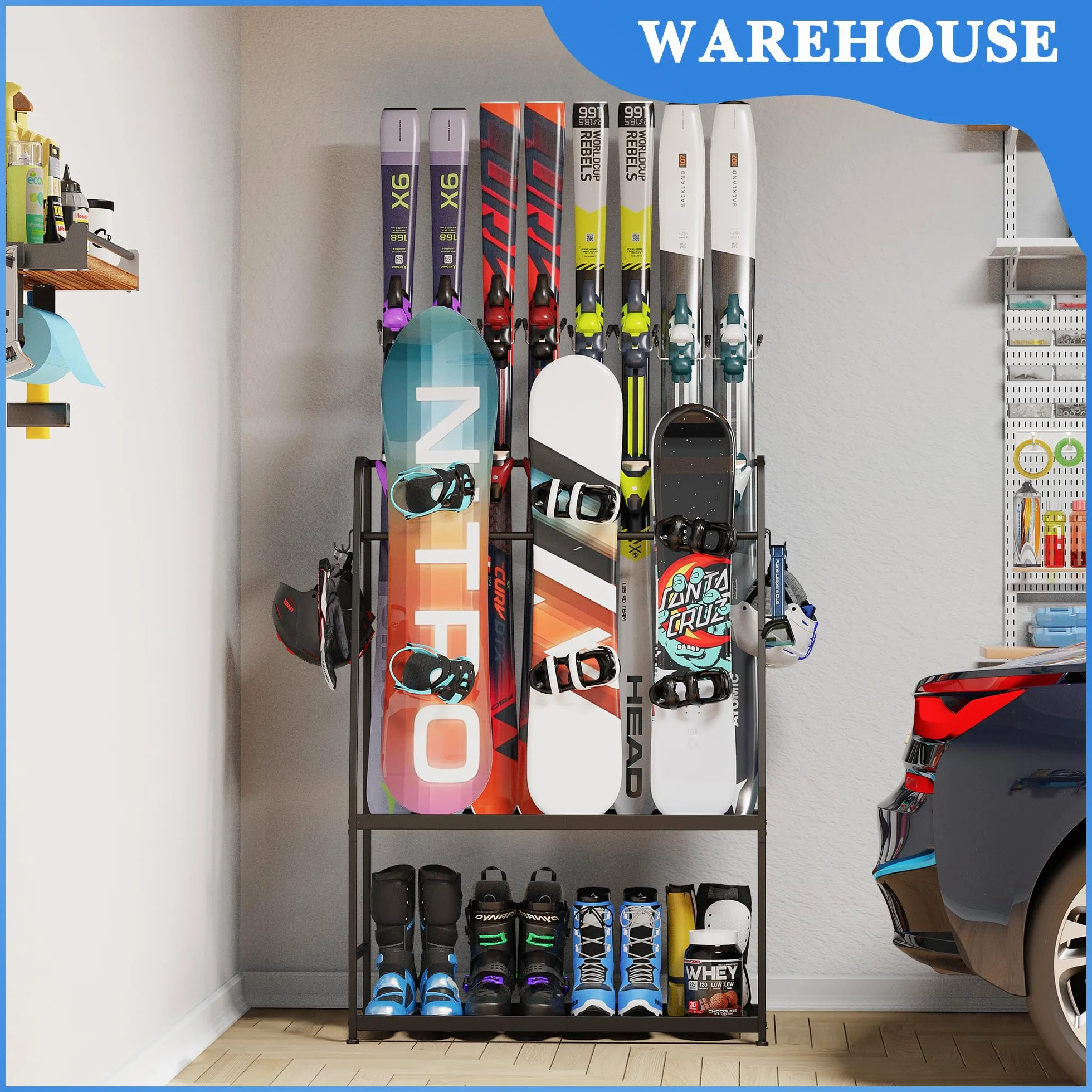 Support de ski pour le garage, étagère de rangement pour skis, snowboard, chaussures de ski, bâtons de ski, lunettes de ski et casques, organiseur de ski pour le garage ou la cave