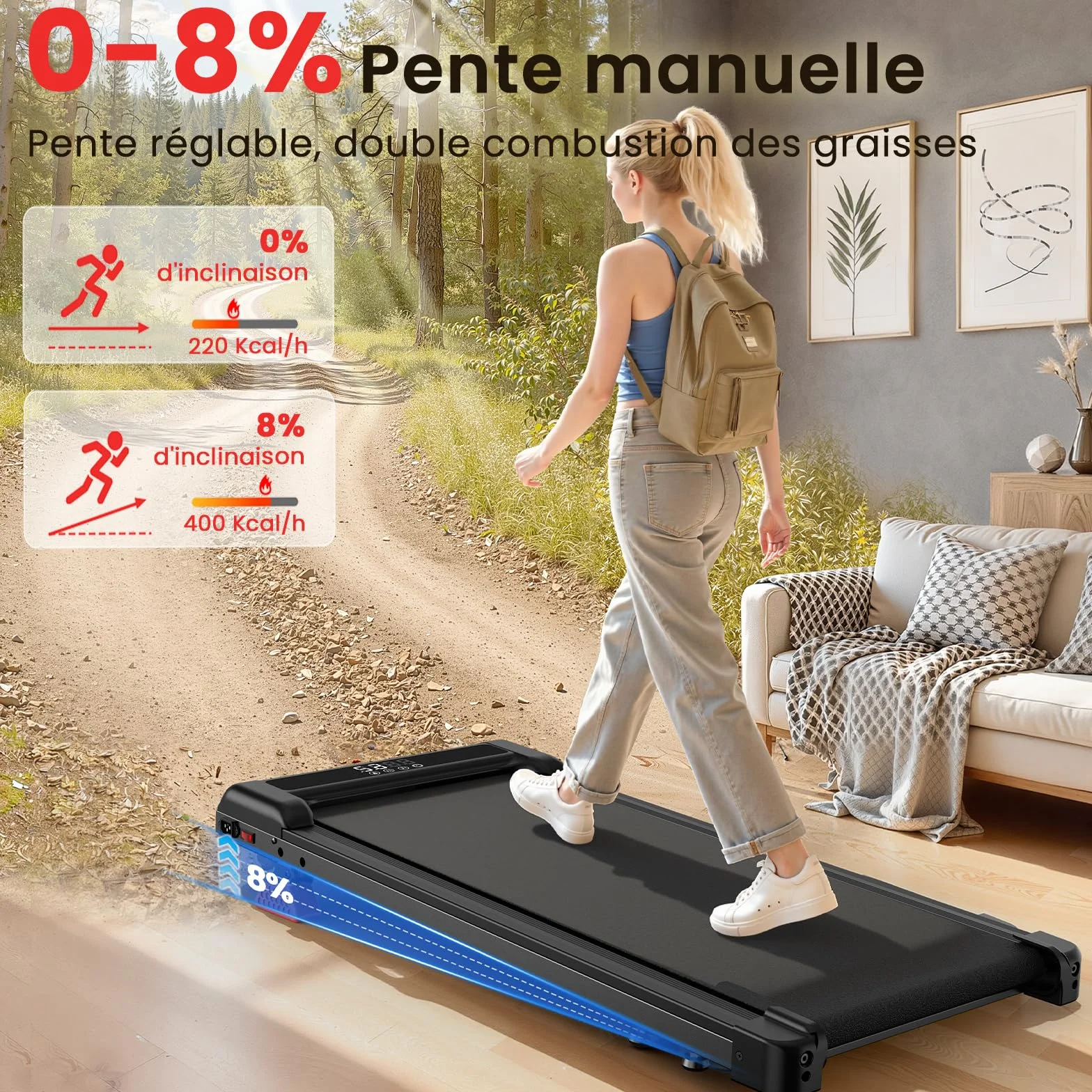 Tapis de Course 3 en 1 Pente 7% 8 km/h 2,5 CV Charge 130 kg Écran LCD