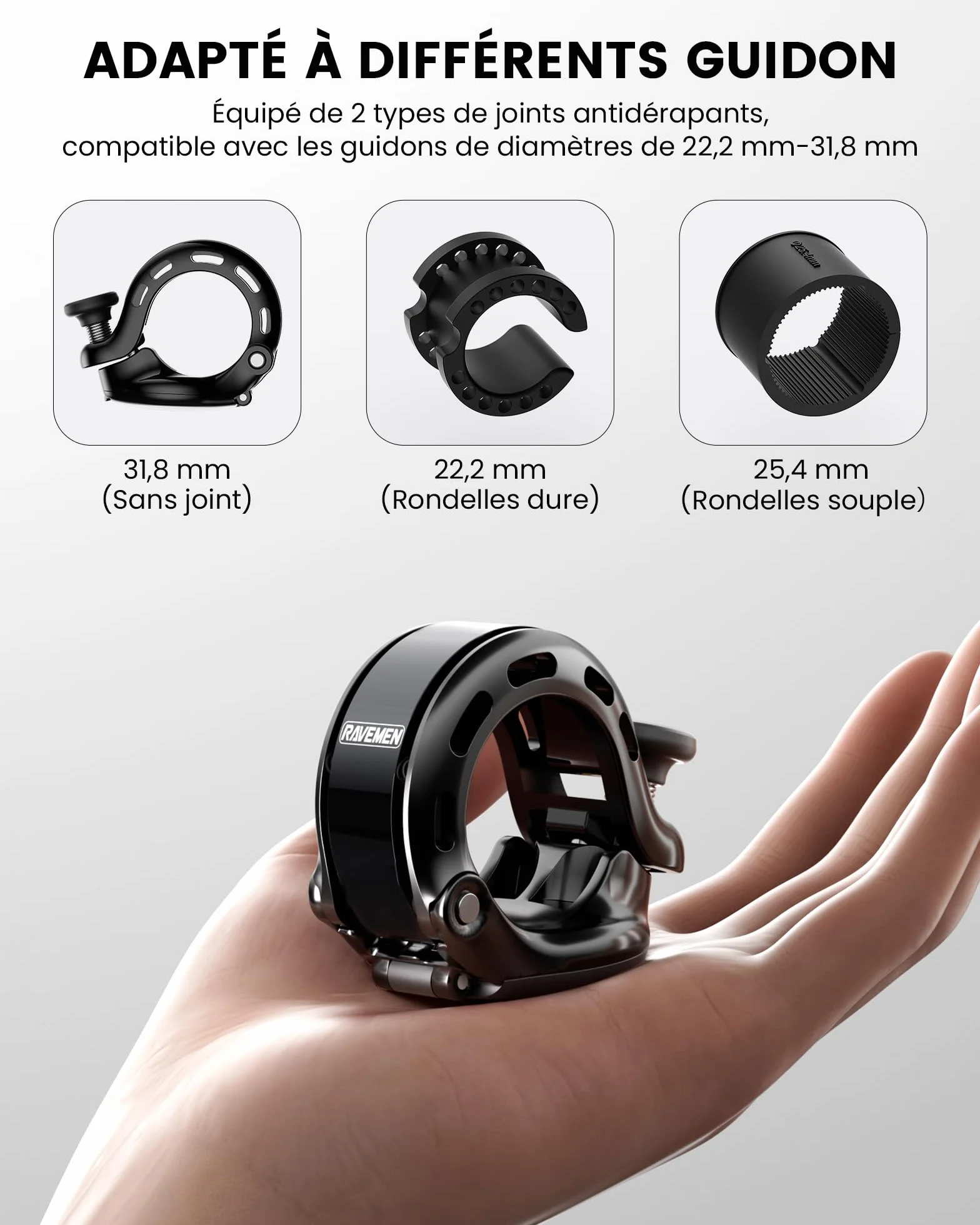 RAVEMEN Q2 Sonnette de Vélo Compatible AirTag 110 DB Antivol Support Guidon 22,2-31,8 mm