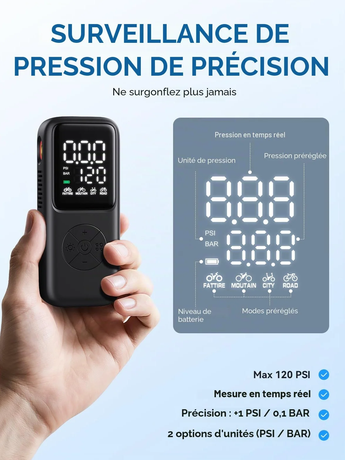 GPUTEK Pompe à vélo électrique 120 PSI avec jauge 5 Modes préréglés pour valves Schrader Presta