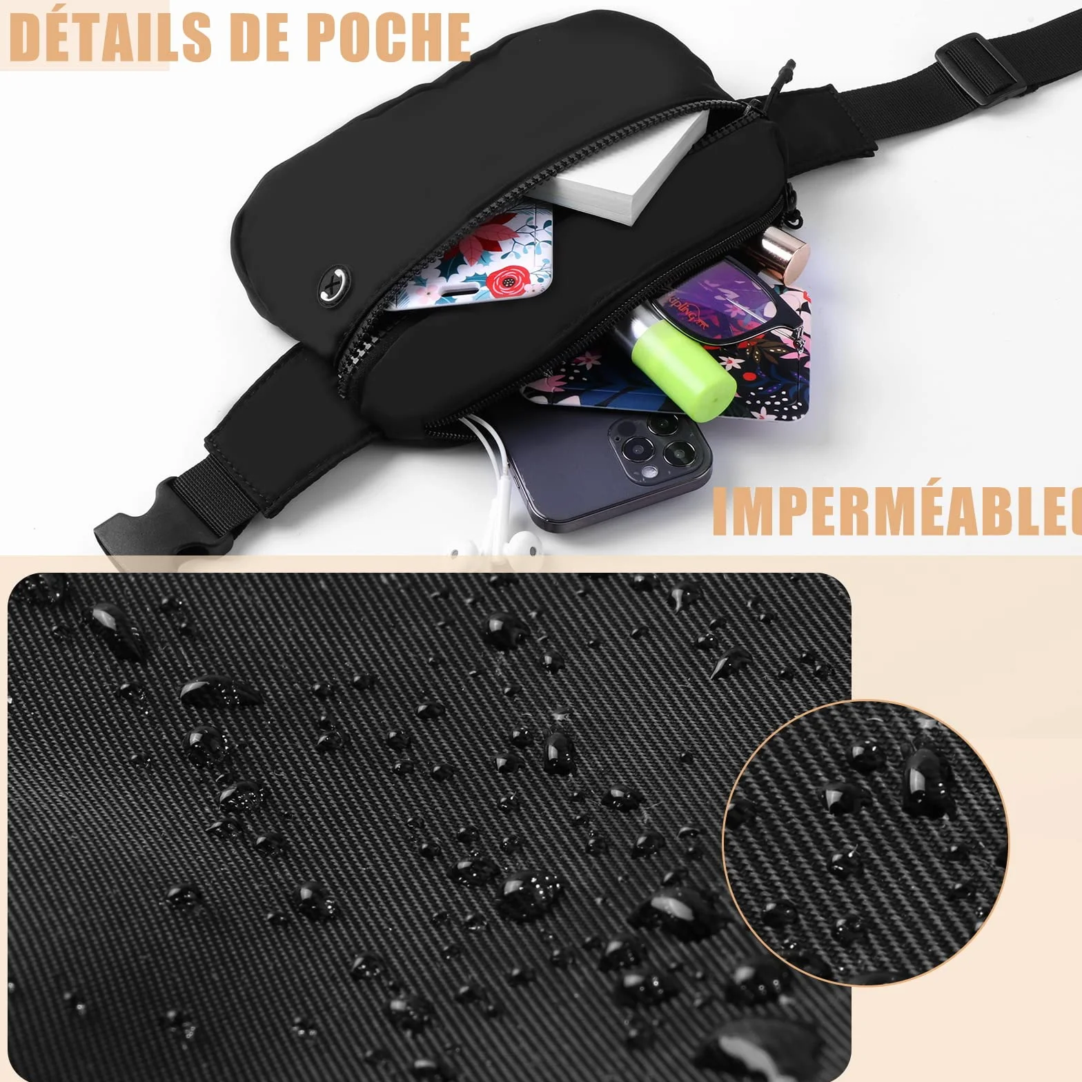 Vinabo Sac Banane Homme Femme avec Prise Casque et 2 Poches Chic Ceinture Réglable pour Taille Randonnée Camping