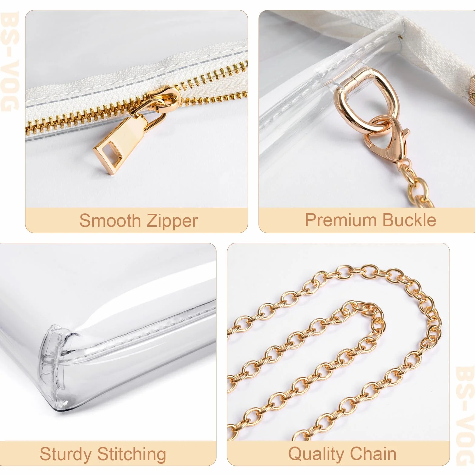 Sac à main transparent pour femme BS-VOG – Petit sac à bandoulière approuvé par les stades avec fermeture éclair