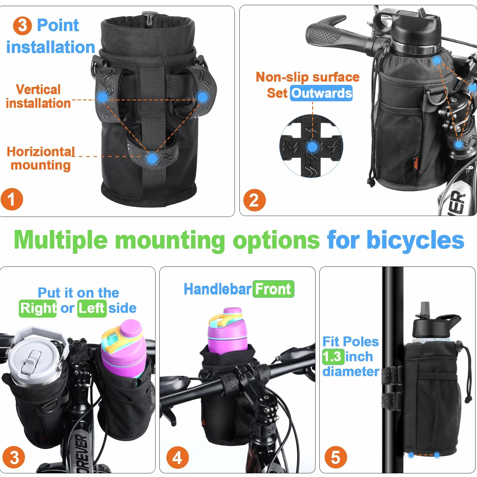 Porte Gourde Velo 12-24oz Sans Vis avec Poche en Maille et Bandoulière pour Bouteille de Vélo