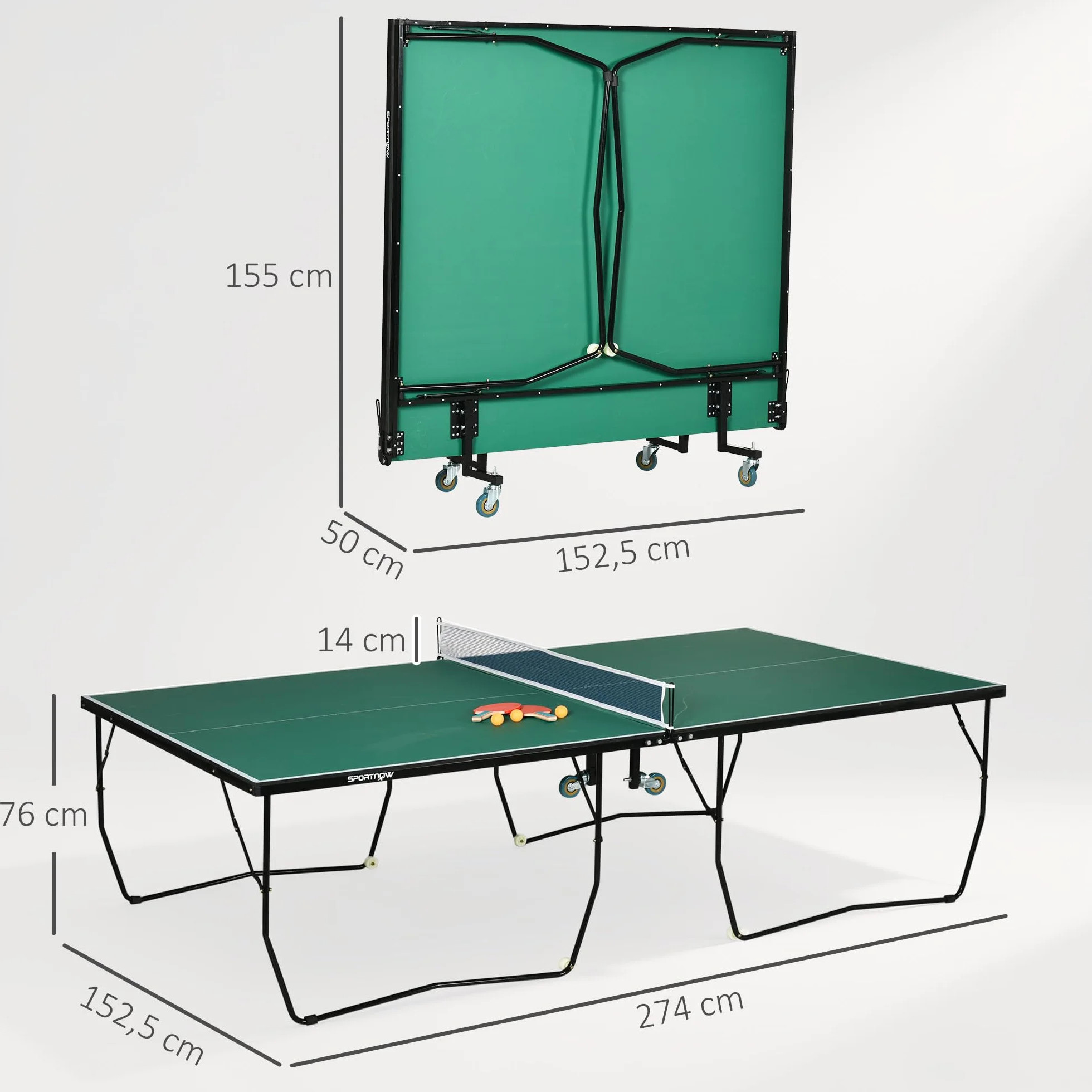 Table de ping-pong SPORTNOW pliante avec filet, roulettes, raquettes et balles, acier, vert 274x152x76 cm