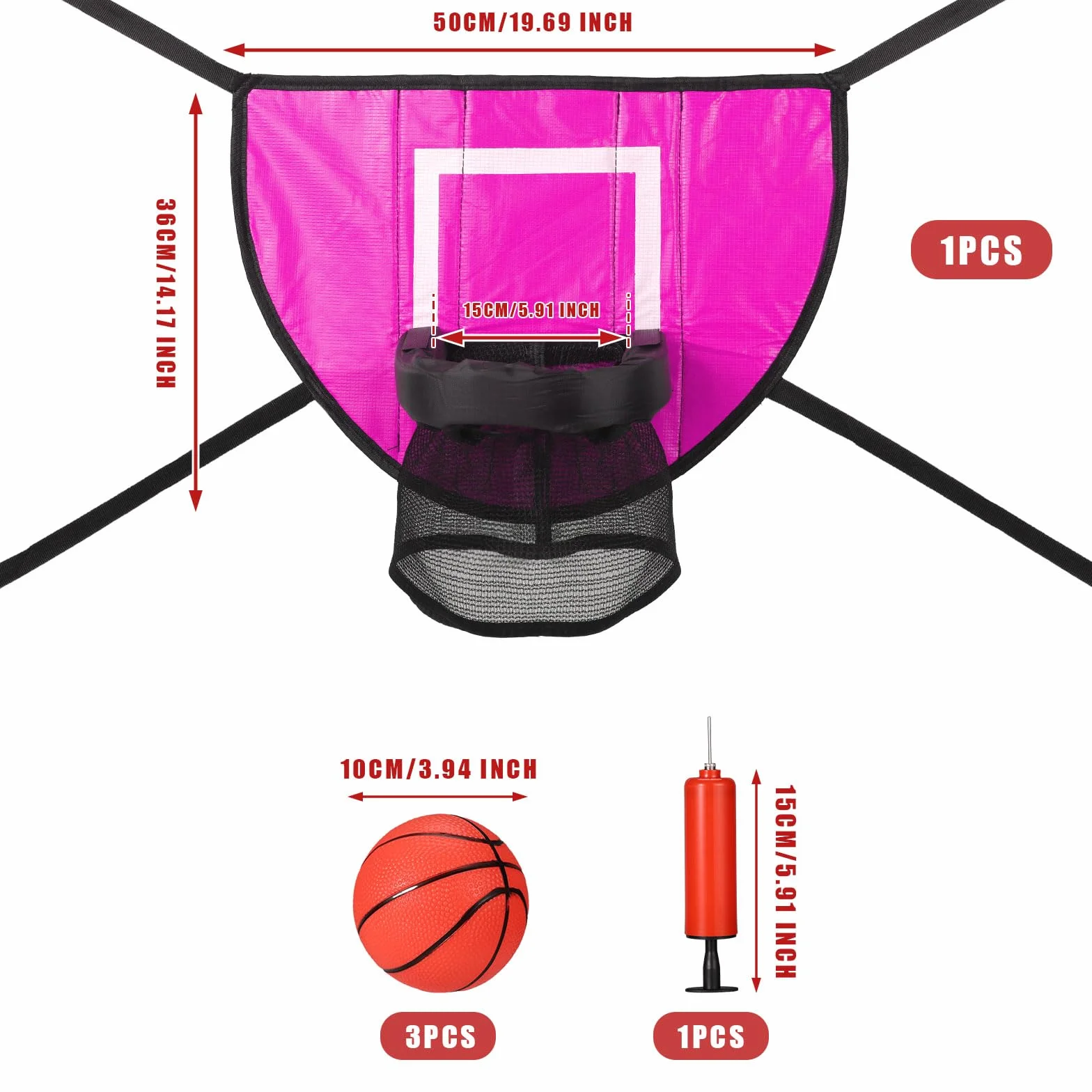Ensemble de Fixation Panier Basket-Ball Trampoline avec 3 Mini Ballons et Pompe, Rose