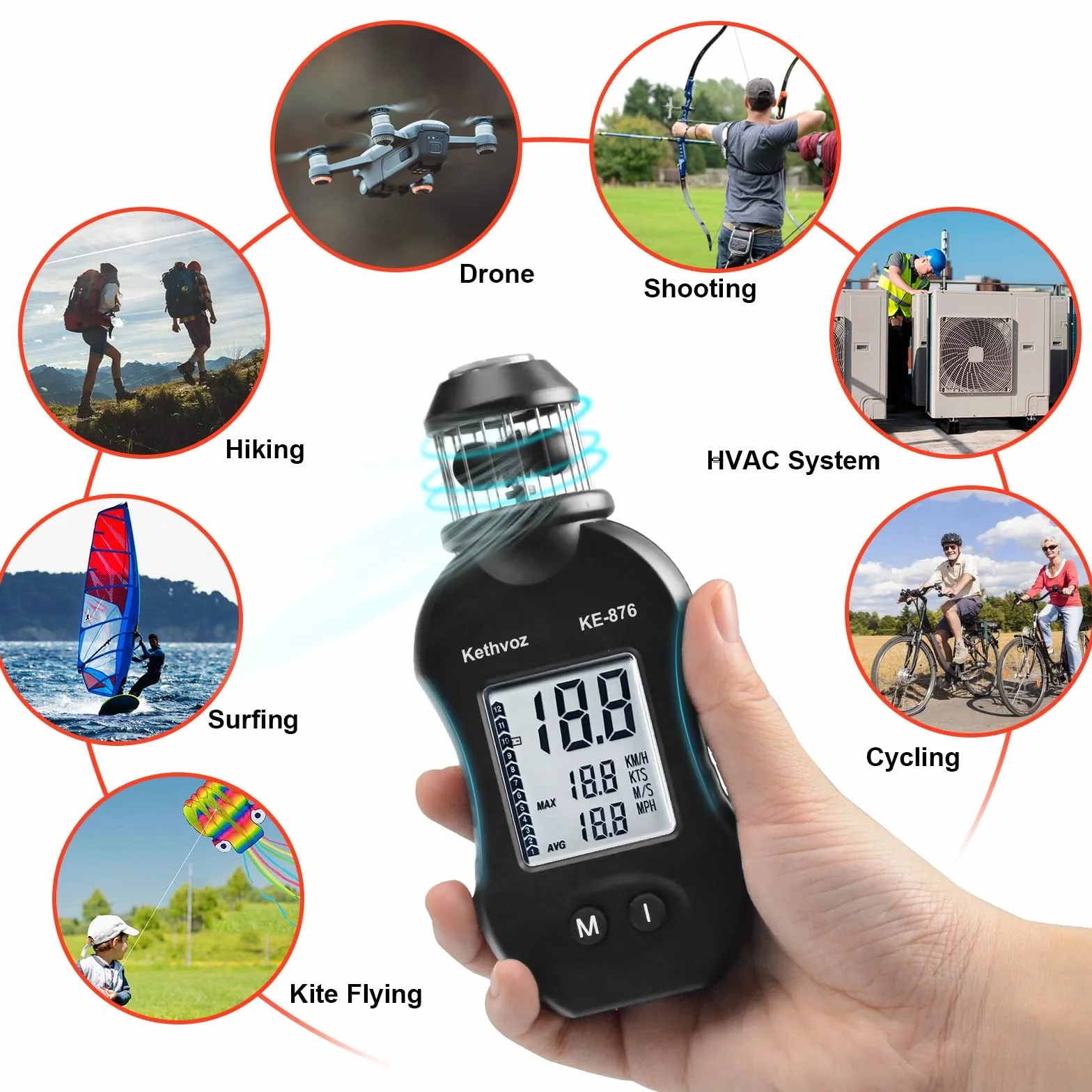 Kethvoz Anémomètre Numérique, Jauge de Vitesse de Vent Portative Mesure le Débit d'air pour Voile Drone Plein Air