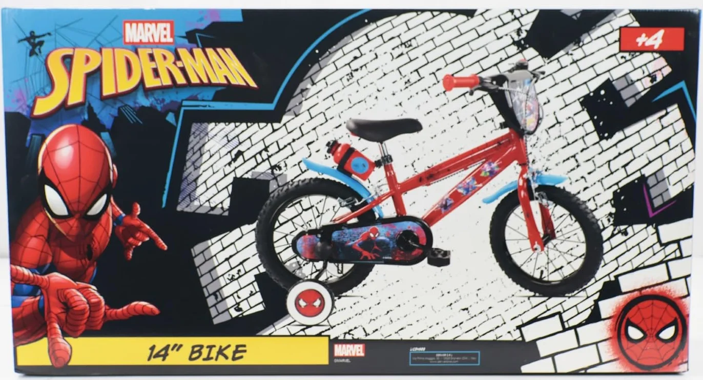Vélo 14 Pouces Spiderman avec Freins, Roues à Rayons, Pneus Gonflables, Stabilisateurs et LEDs