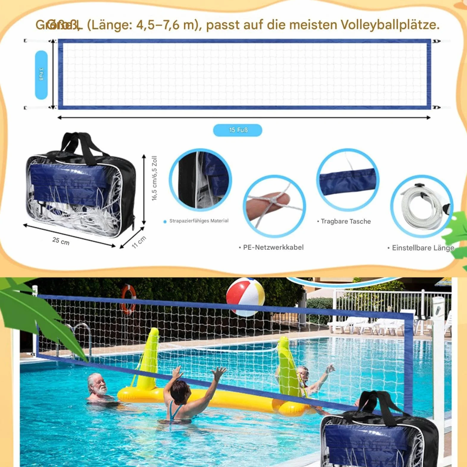 Filet de volley-ball de piscine portable 15 x 3 m pour adultes