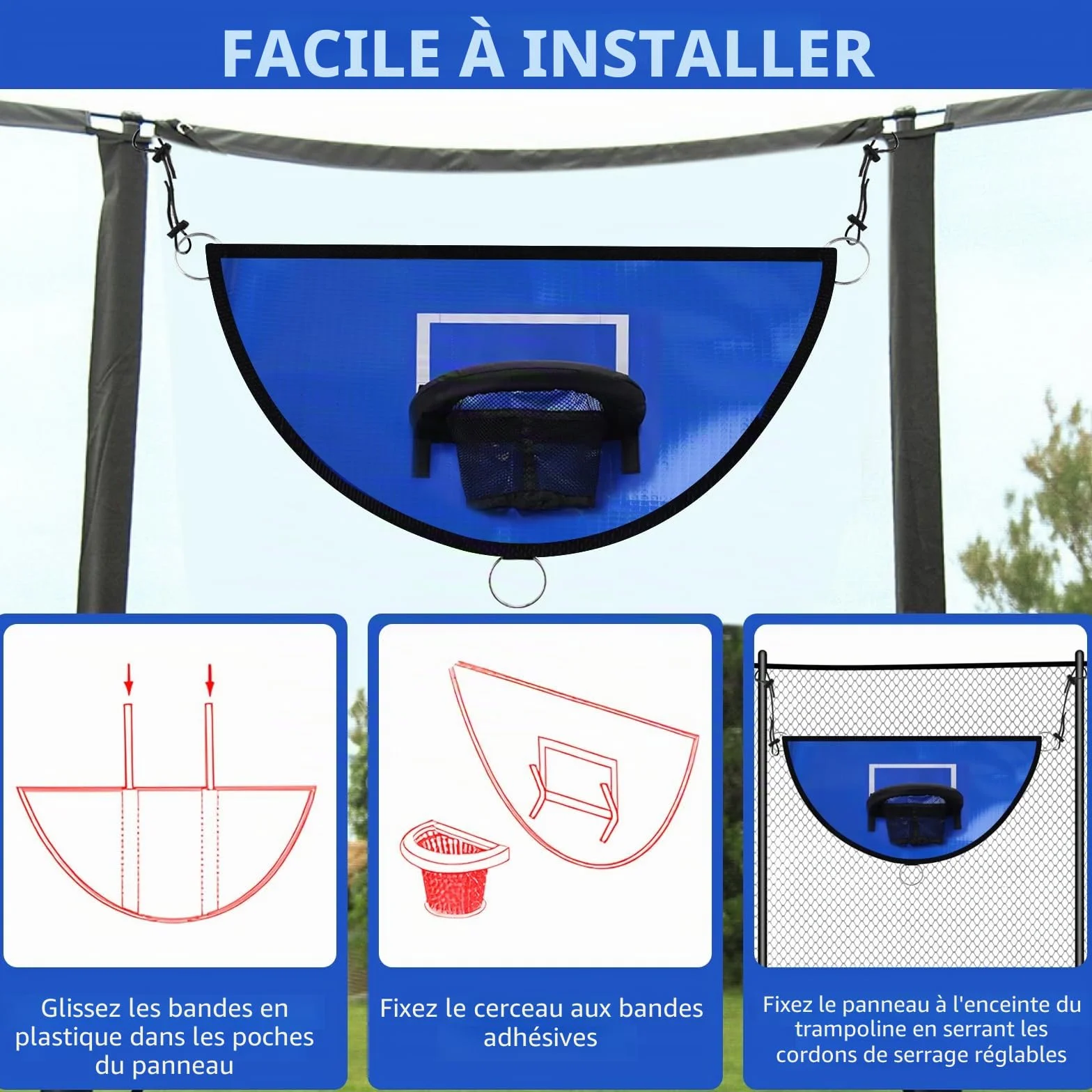 Panier Basket Trampoline avec 3 Balles et Pompe, Filet Amovible pour Sports Intérieur Extérieur