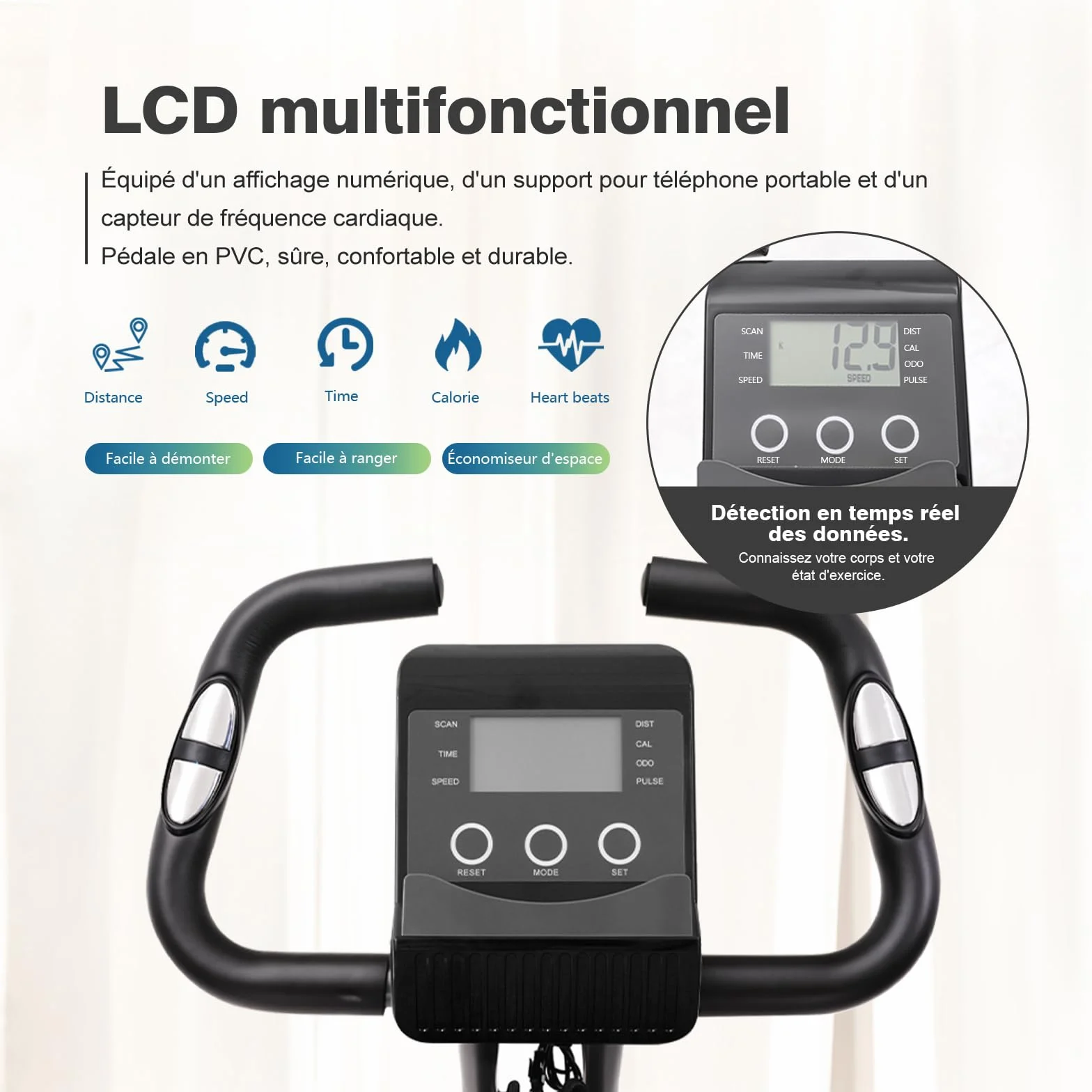Vélo d'appartement pliable résistance magnétique réglable 10 niveaux vélo stationnaire droit incliné