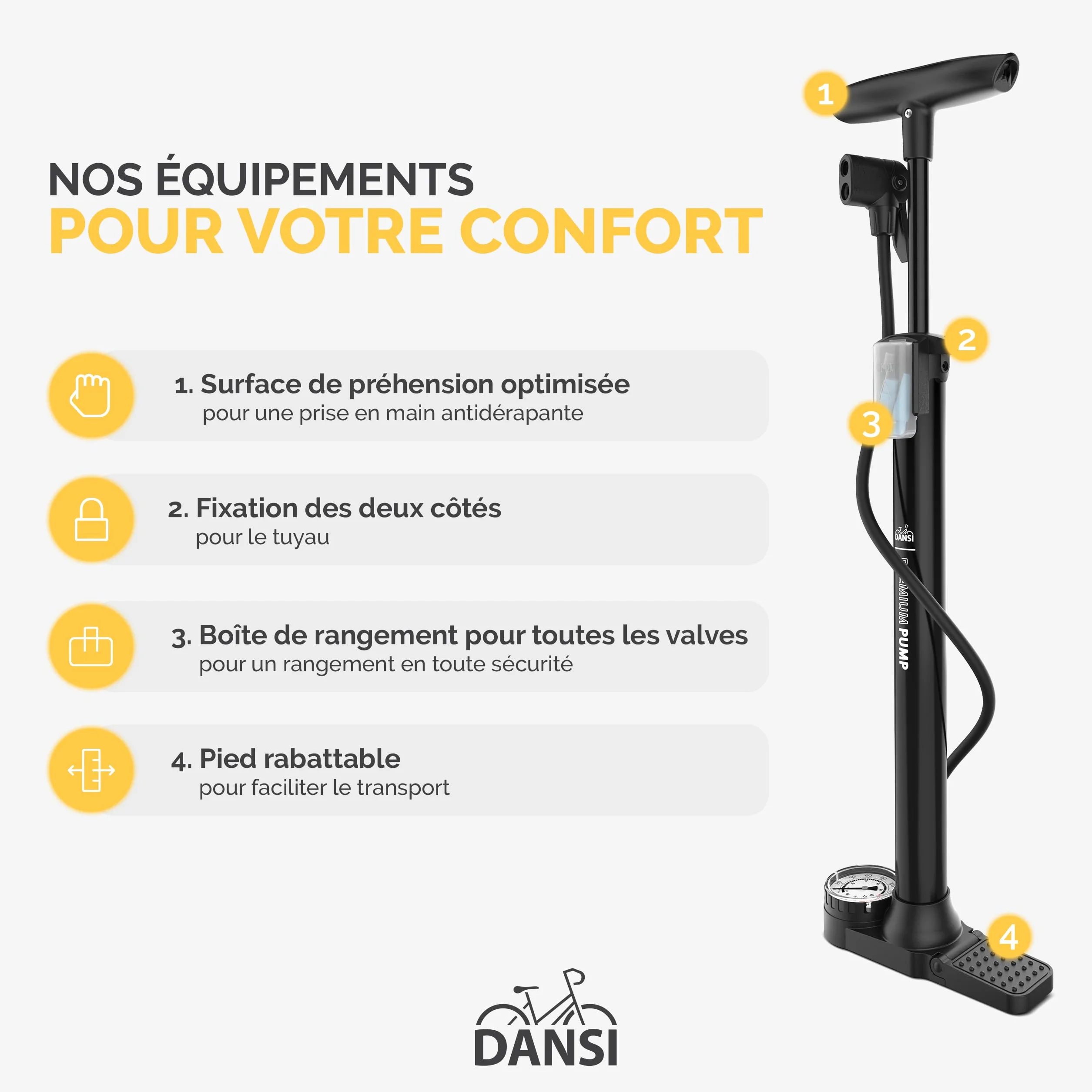 DANSI Pompe à vélo à Pied Toutes valves AV, SV, DV avec Grand manomètre