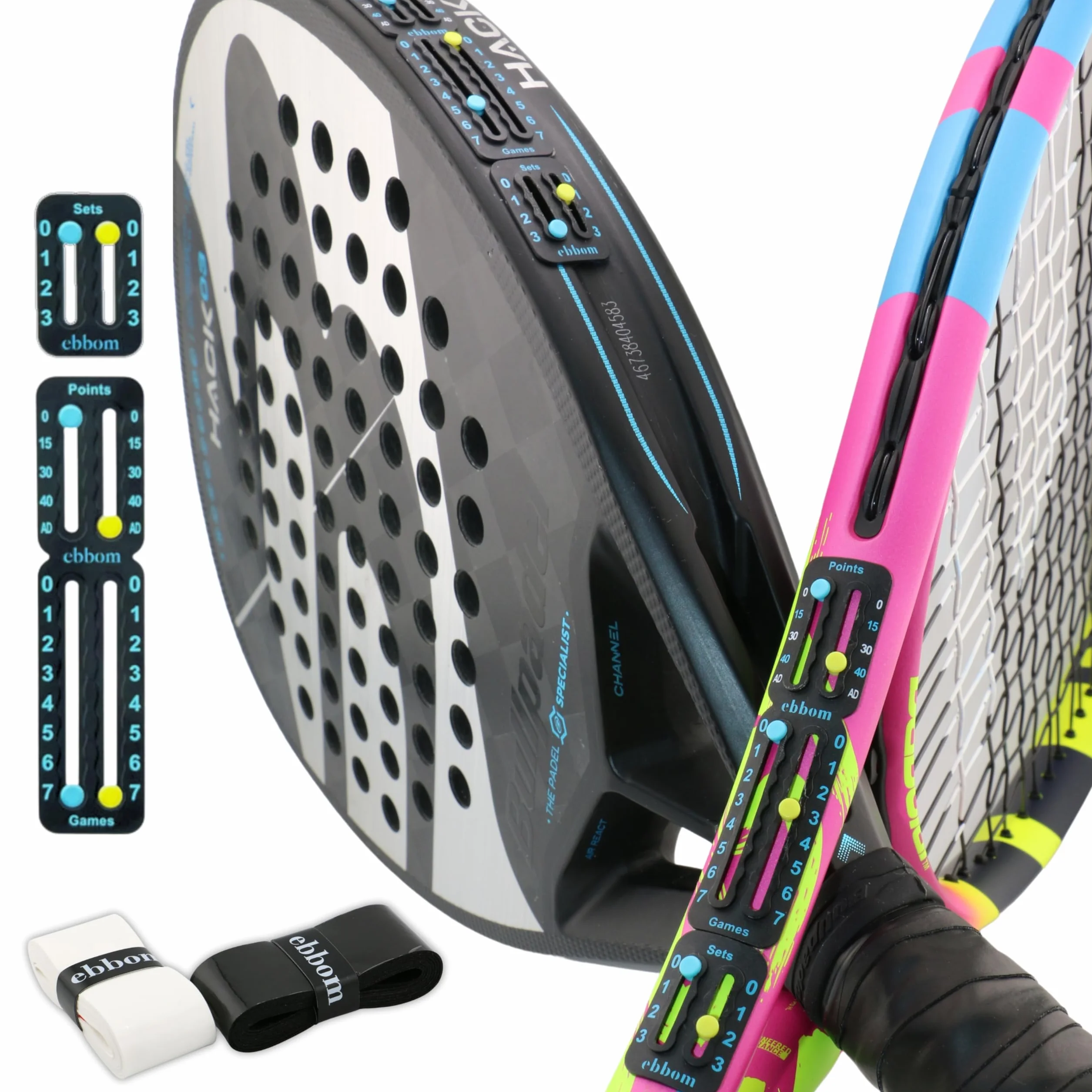Compteur de Points Padel et Tennis Ultraléger avec Adhésif 3M - Inclus 2 Overgrips B/N et 1 Nettoyant – Adaptable à Toutes Les Raquettes et Palas – Accessoires Padel – Marqueur Padel