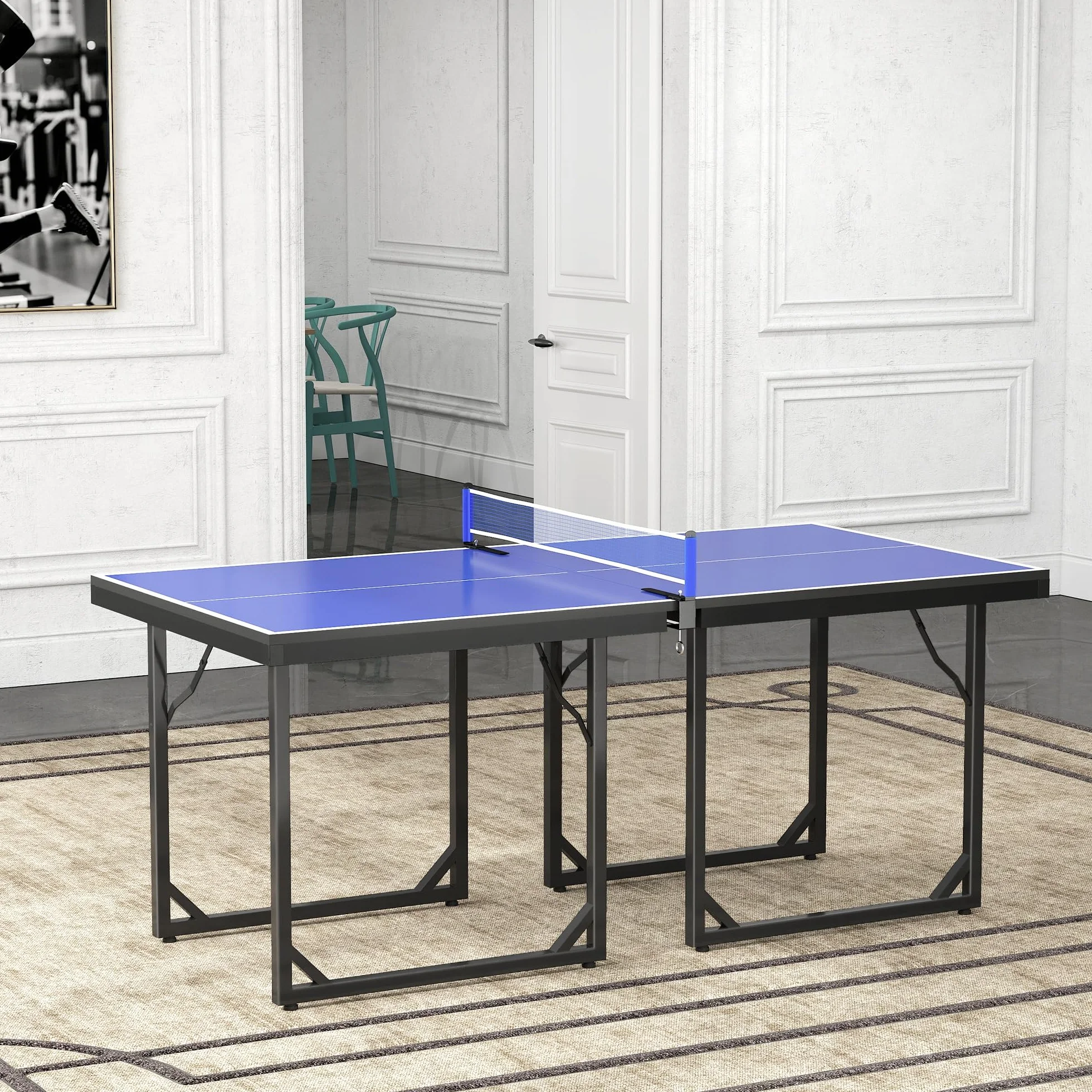 HOMCOM Table de ping-pong pliable 182 x 91 cm, facile à transporter, résistante aux intempéries, stable, table de tennis avec maille et cadre en acier, pour intérieur et extérieur, bleu