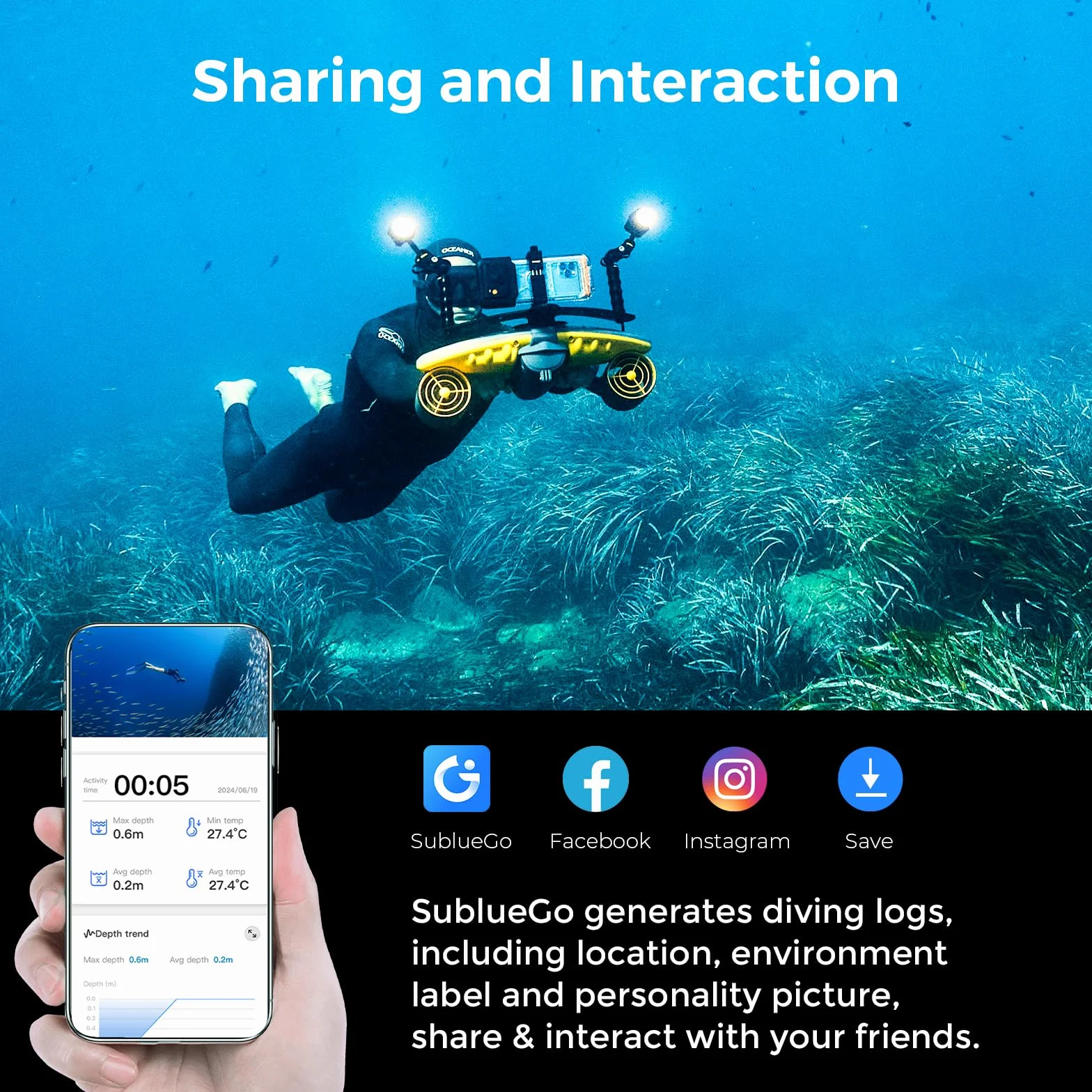 Sublue Navbow Plus Smart sous-Marine Trottinette à Double Moteur avec Support pour caméra d'action, 2 m/s, pour Piscine, Plongée, Scooter (Arance-S)