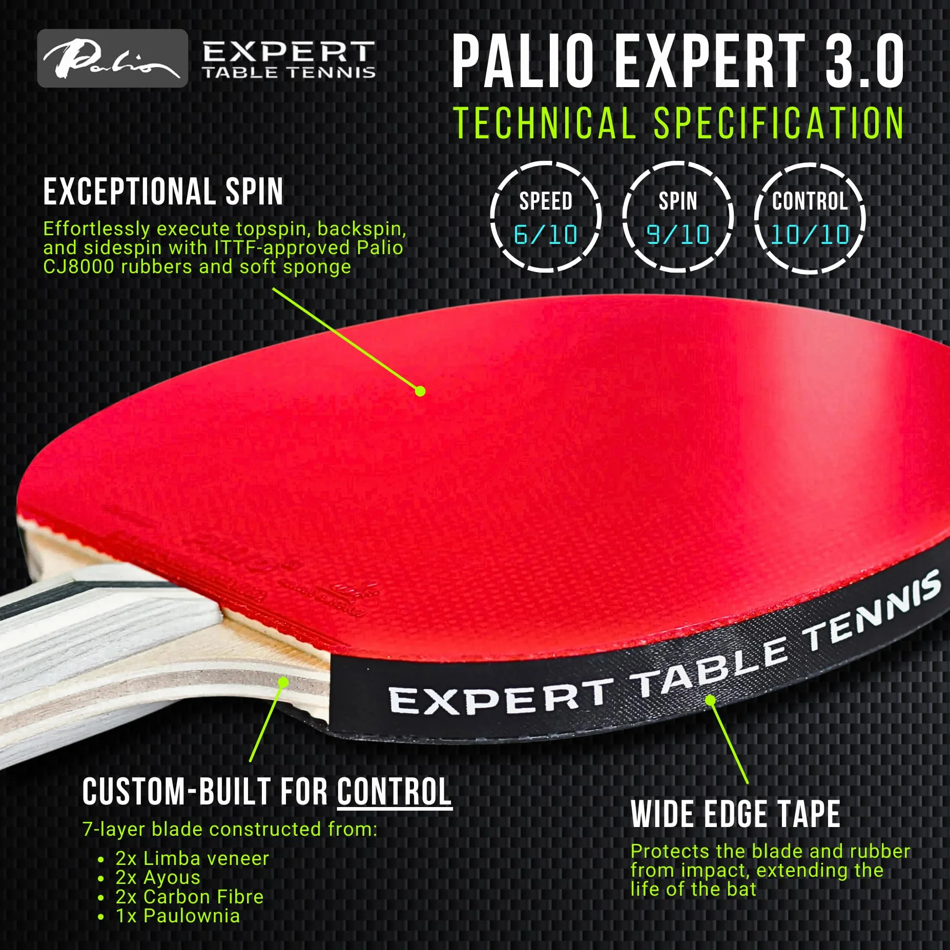 Palio Expert 3.0 Raquette de Tennis de Table ITTF Haute Performance pour Débutants avec Étui