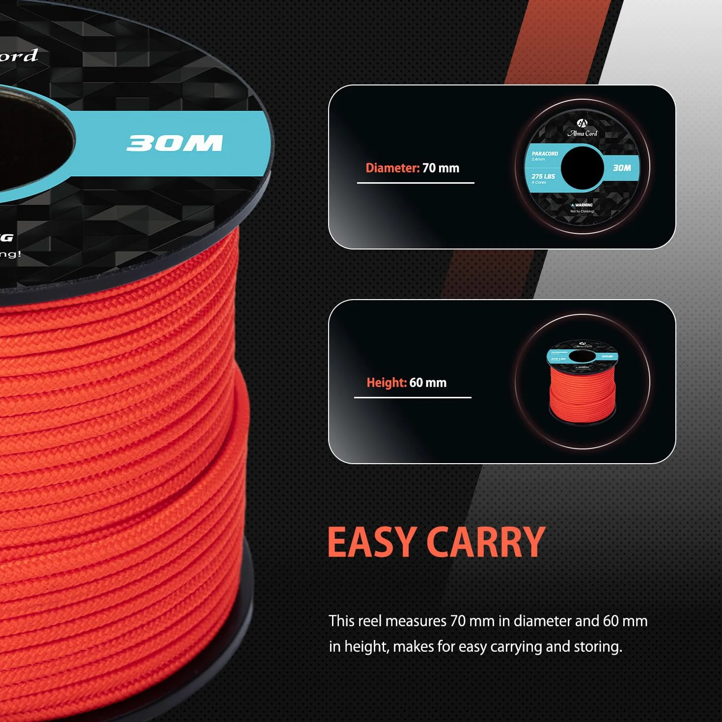 Corde Paracorde 275 Nylon 2,4 mm 4 Brins Survie Extérieure Max. 125kg Néon Orange
