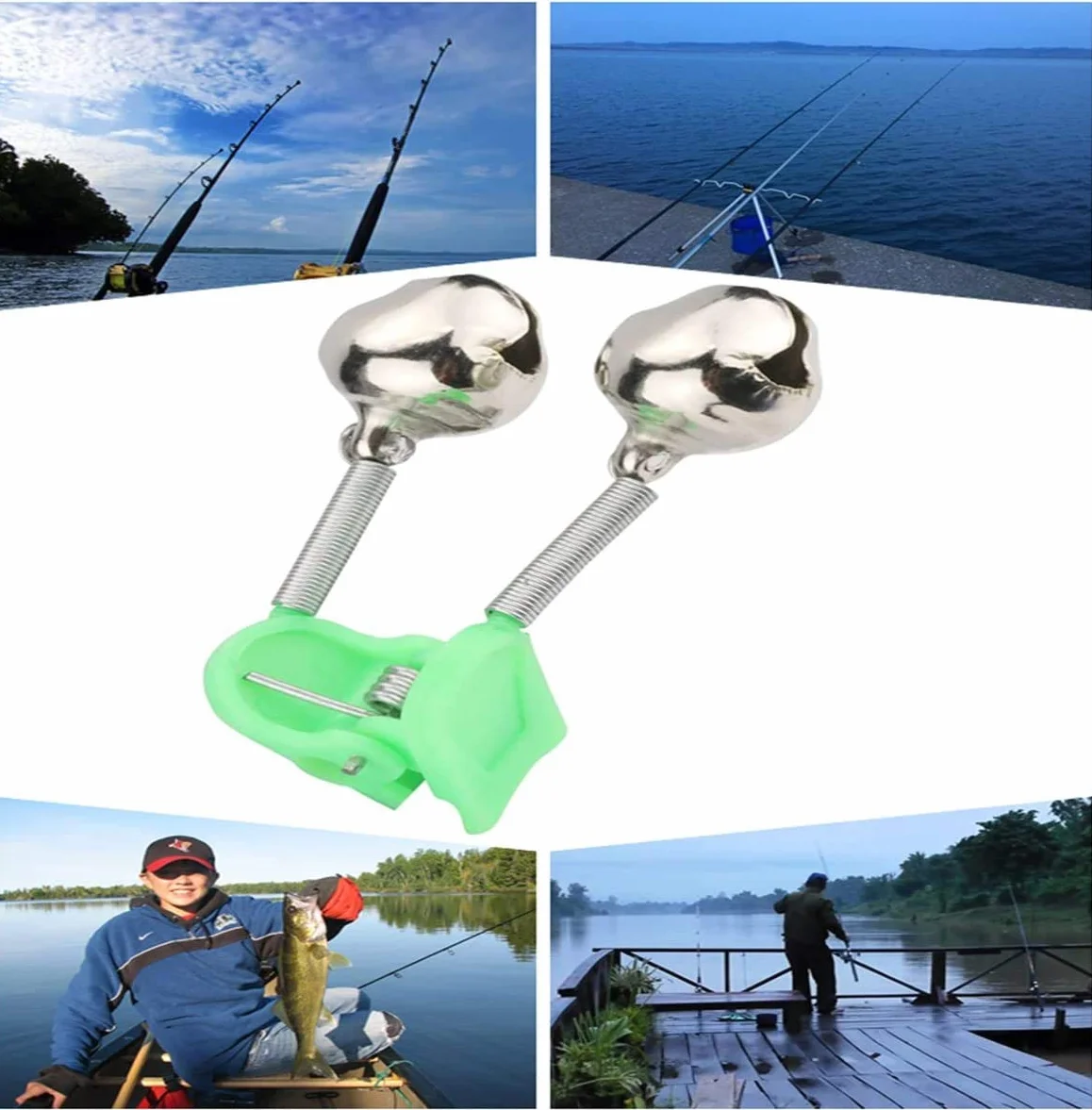 Clochette de Peche, 10 Pcs Alarme de Pêche, Cloche D'alarme de Pêche pour la Pêche en Mer Cannes à Pêche en Plein Air Accessoires de Pêche, Métal(Ton Vert et Argent)