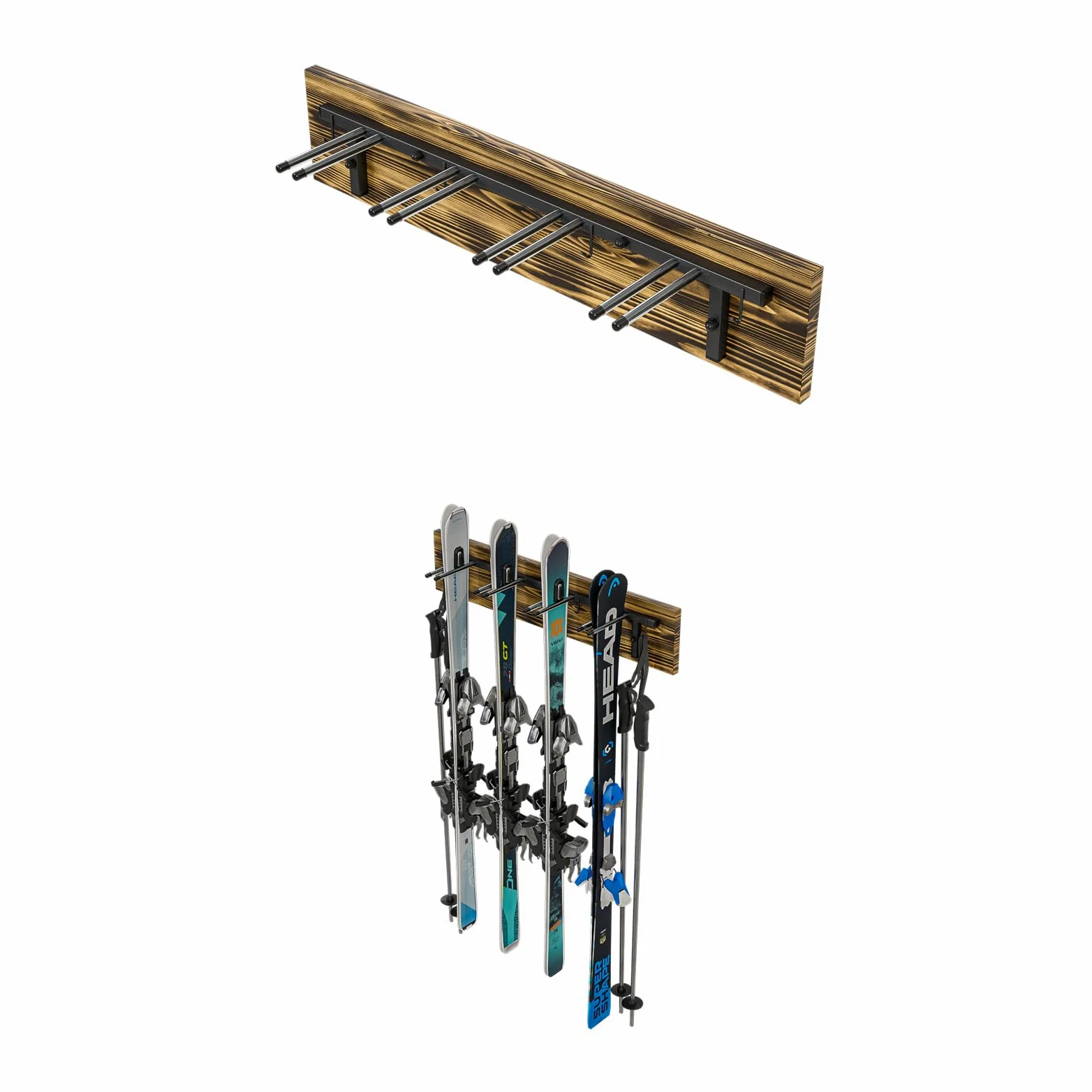 QLS Support mural pour skis S3 pour 4 paires de 83 cm en acier et bois avec crochets en bois pour bâtons de marche nordique, randonnée et ski