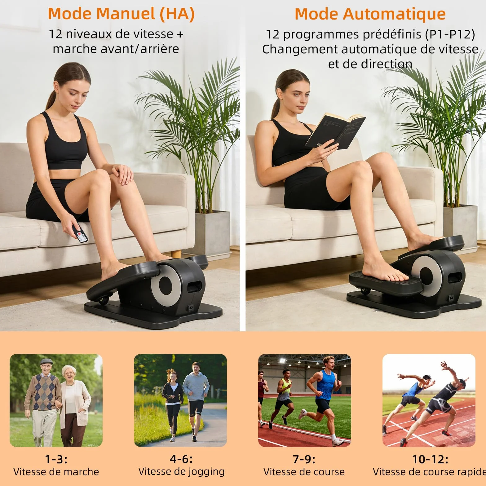 Mini Elliptique Électrique EVOLAND avec Télécommande, Écran LCD, 12 Vitesses, Corde Résistance, Portable