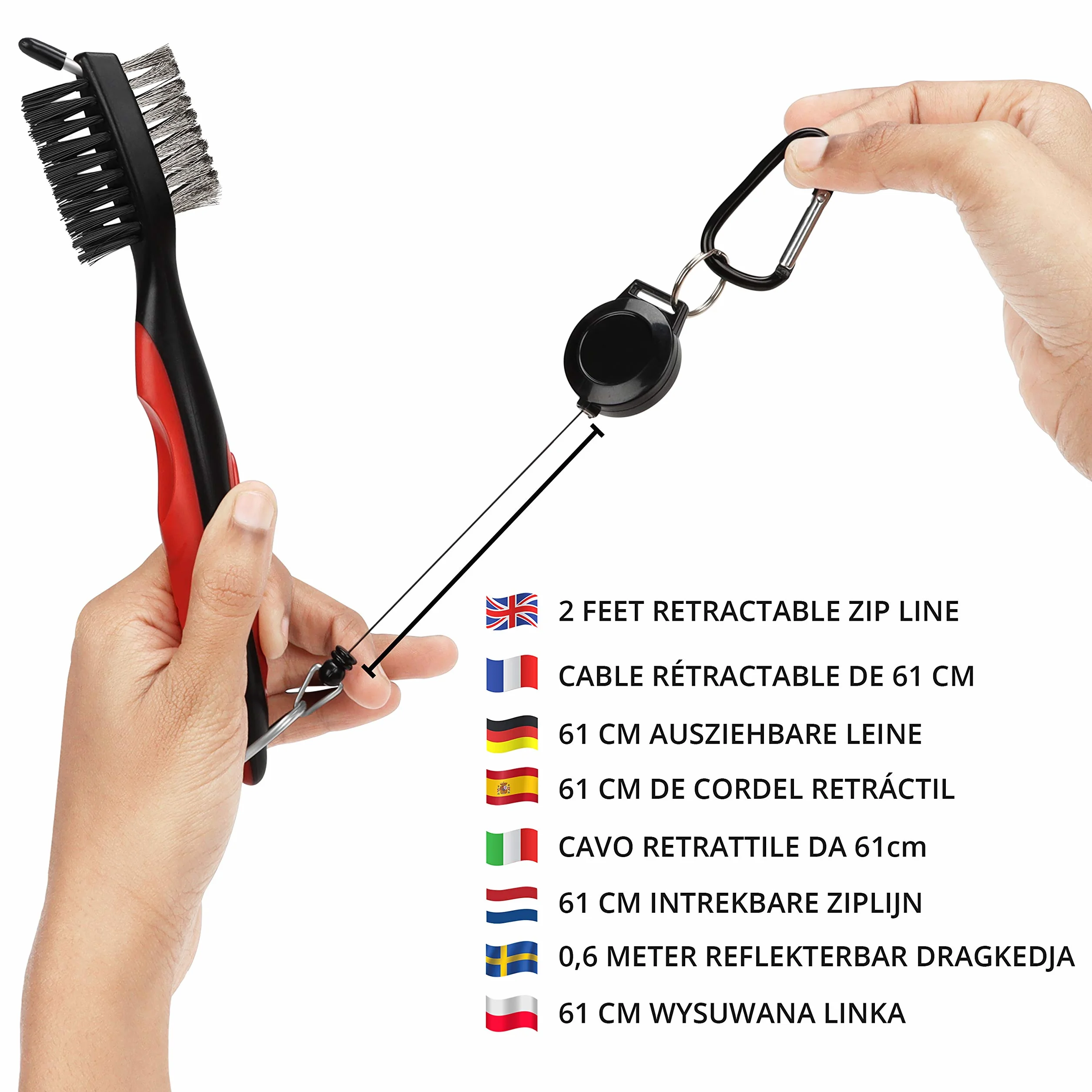 K&V GOLF Brosse pour Club de Golf et Rainures Brosse à Double Coté Nylon & Acier avec Pics pour Nettoyer Surface & Rainures de Club - Fournie avec Fermoir (Mousqueton) pour l'Accrocher Facilemen