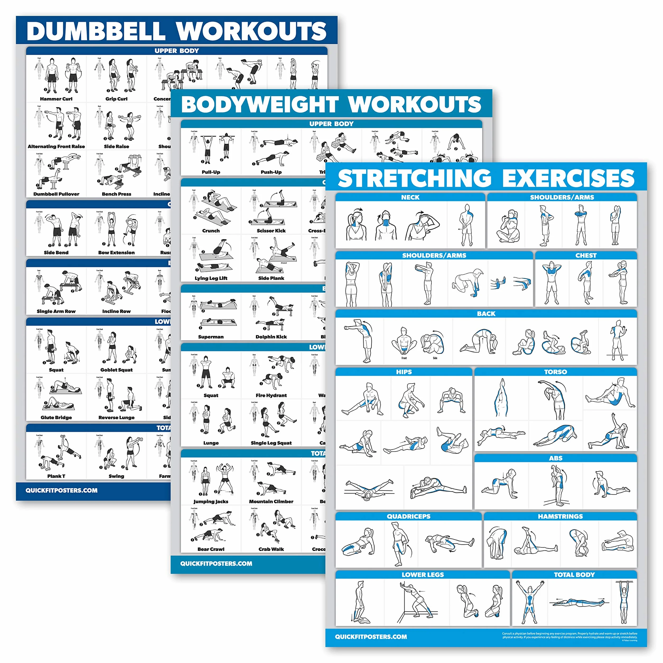 QuickFit 3 Pack Dumbbell Workouts Bodyweight Exercises Stretching Routine Poster Set Laminated 18x24
