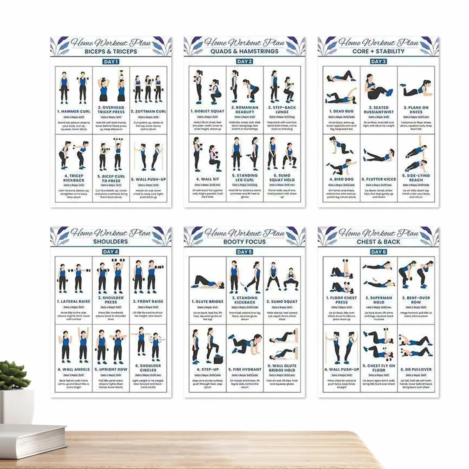 Affiches d'entraînement fitness salle de sport à domicile | Tableau d'action exercices yoga français