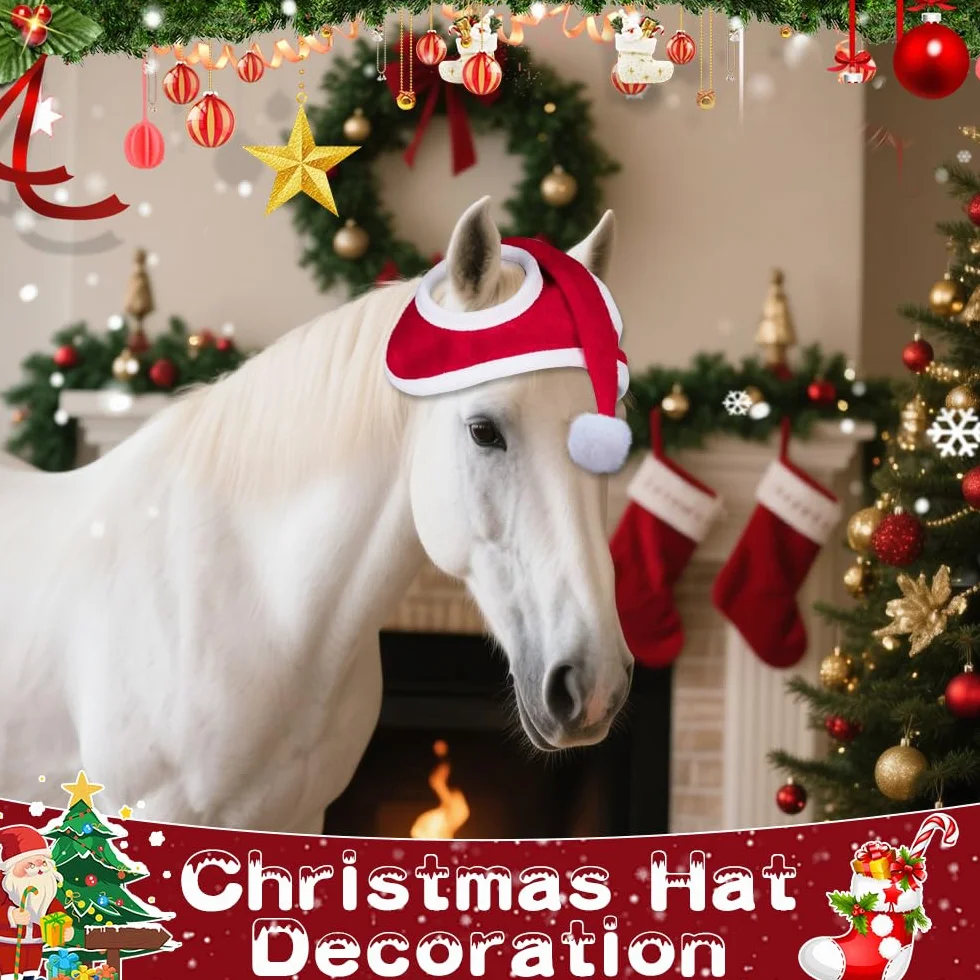 Bonnet de Noël pour Cheval, Bonnet de Noël avec Cheval, Bonnet de Noël pour Casque D'équitation, Accessoires de Noël pour Chevaux, Tenue pour Noël, 35 cm x 43 cm