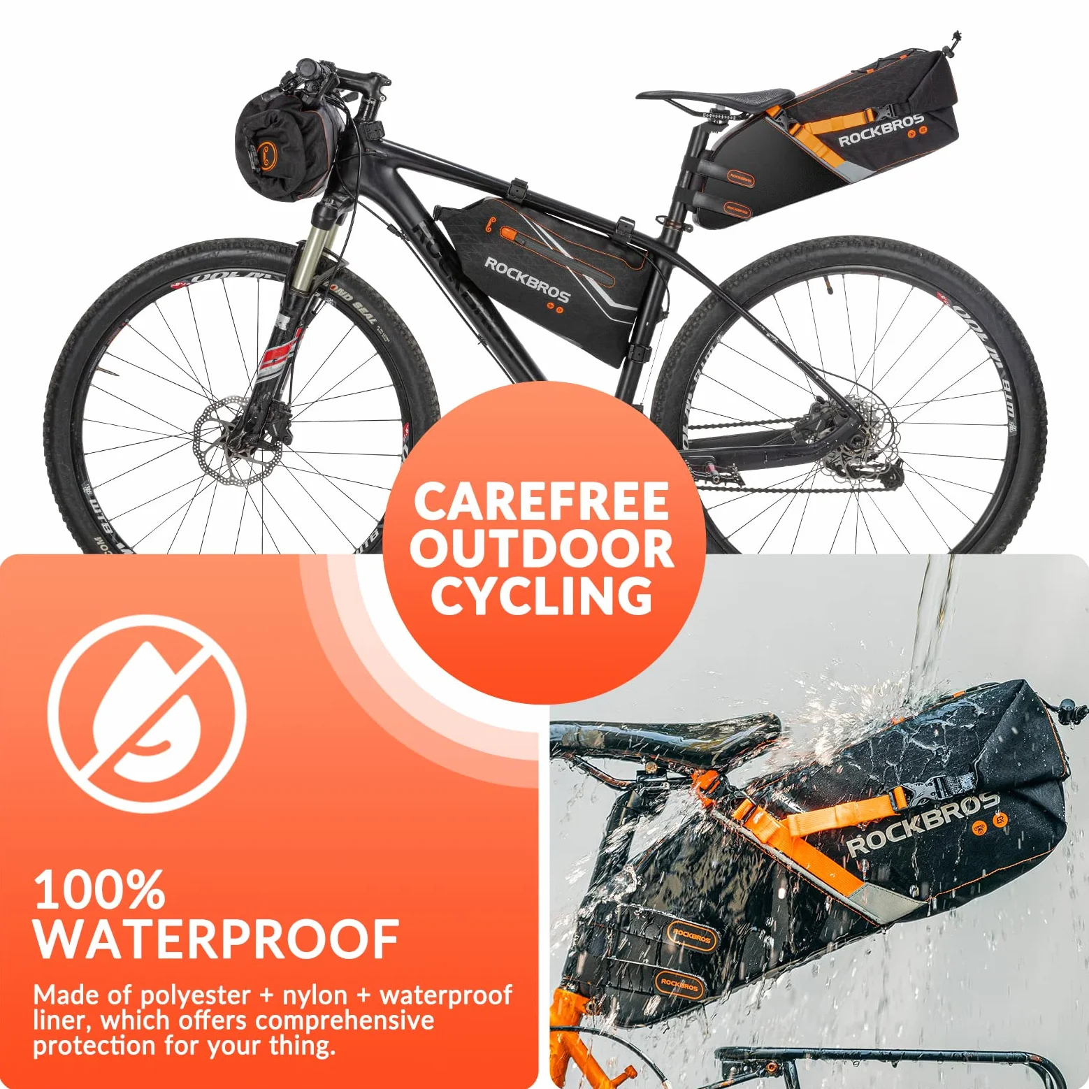 ROCKBROS Set de Sacoche de Vélo : Sacoche de Guidon + Sacoche de Selle, Bikepacking 3,5L + 10L Grande Capacité Étanche, Noir Orange