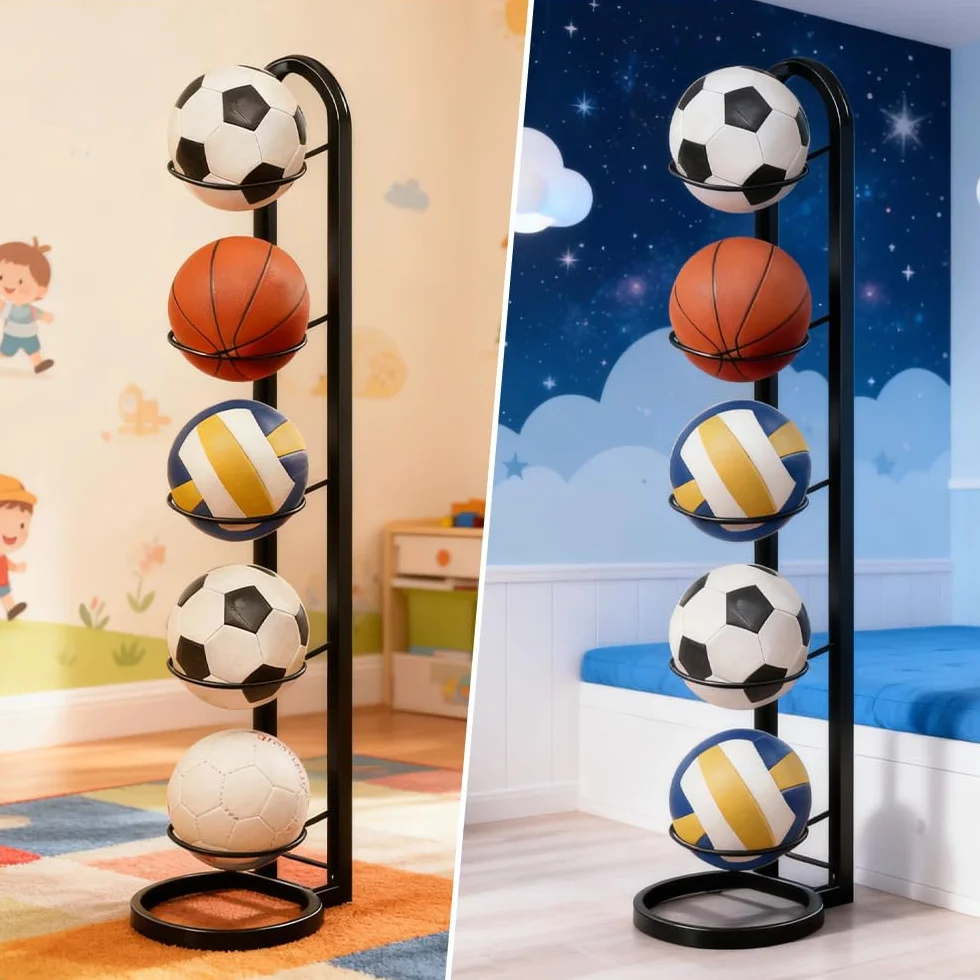Rangement Ballon 5 Niveaux, Porte Ballon sur Pieds Métal 115.5 × 23.5 cm, Noir