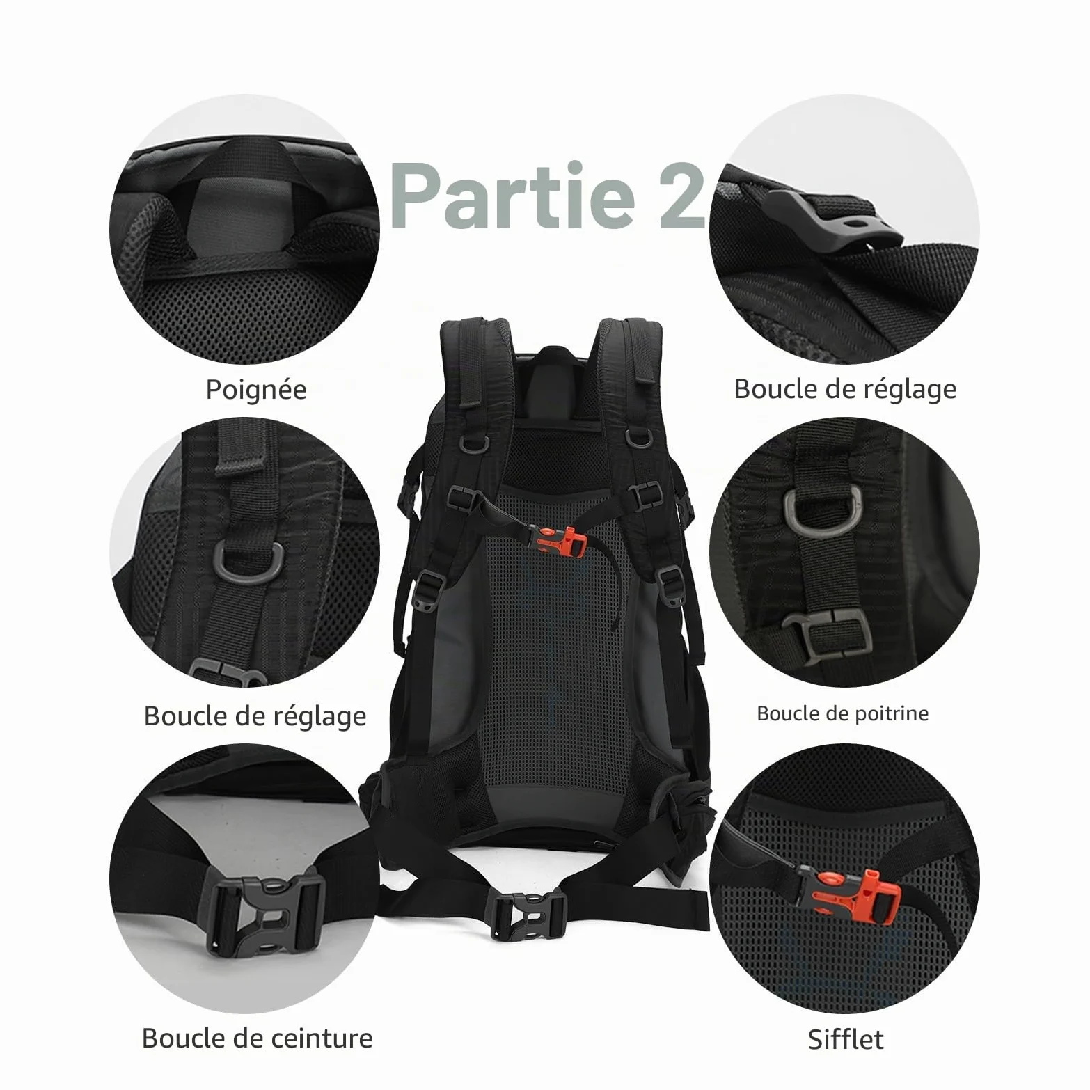 Aoking, Sac à dos de randonnée/escalade, 40L_YJN79807,50L_YJN67363, éléments standard : panneau en maille Airflow amovible, étanche, sifflet SOS, protection contre la pluie, options : poche à eau 2