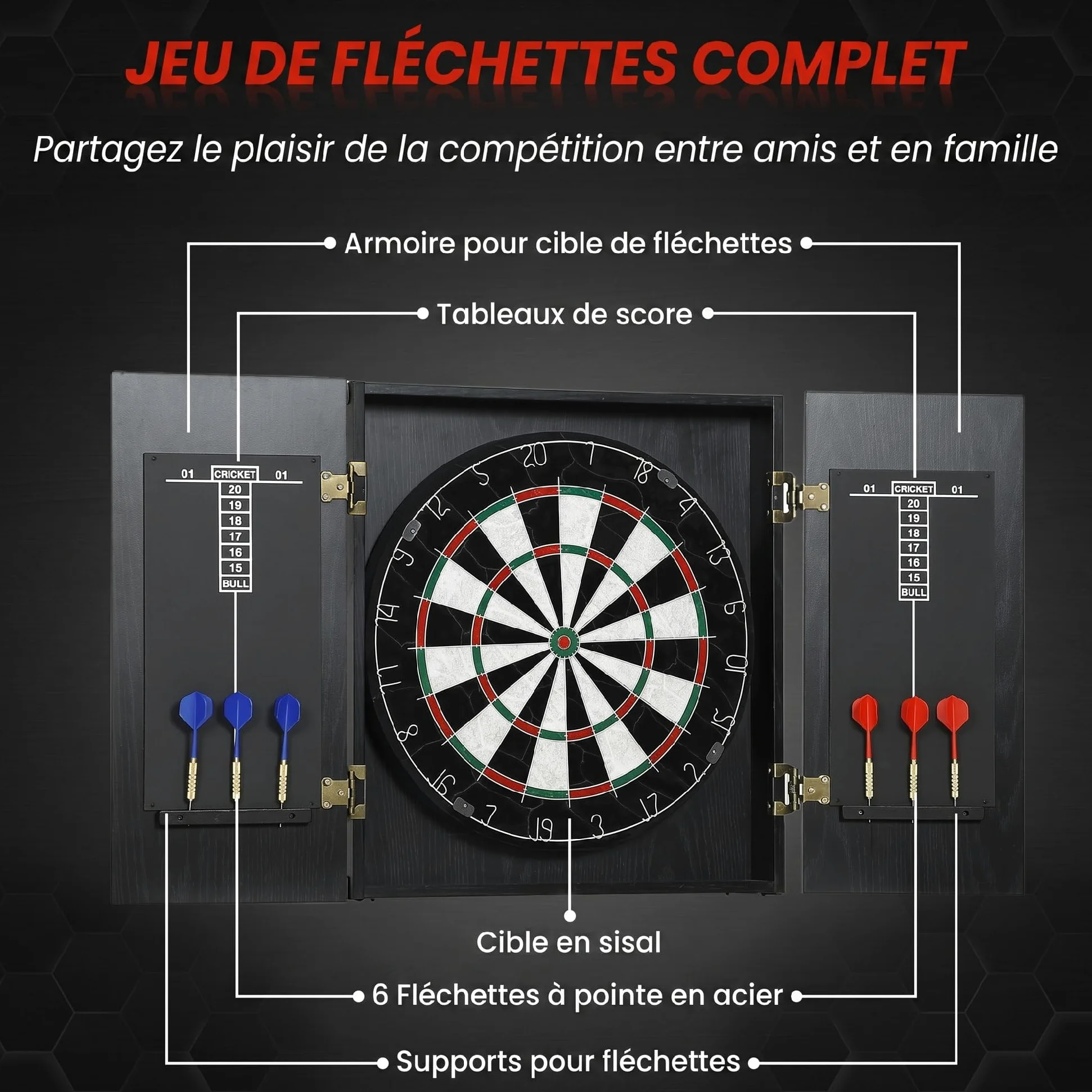 SPORTNOW Cible de Fléchettes en Sisal avec Cabinet Protection Murale Noir | 6 Fléchettes Pointe Acier, 2 Tableaux de Score, pour Adulte