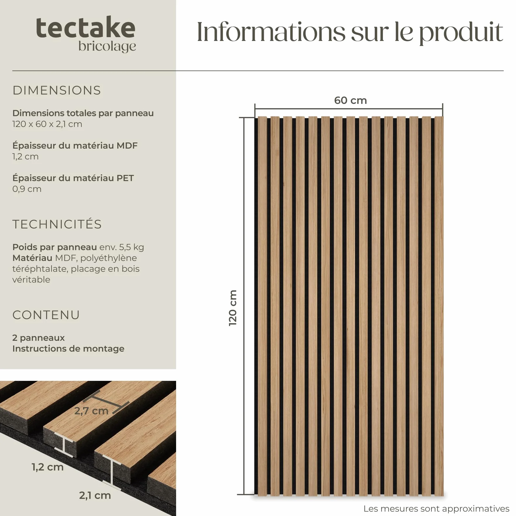 Tectake Lot de 2 panneaux acoustiques muraux MDF 120x60x2,1 cm isolation phonique décoration murale