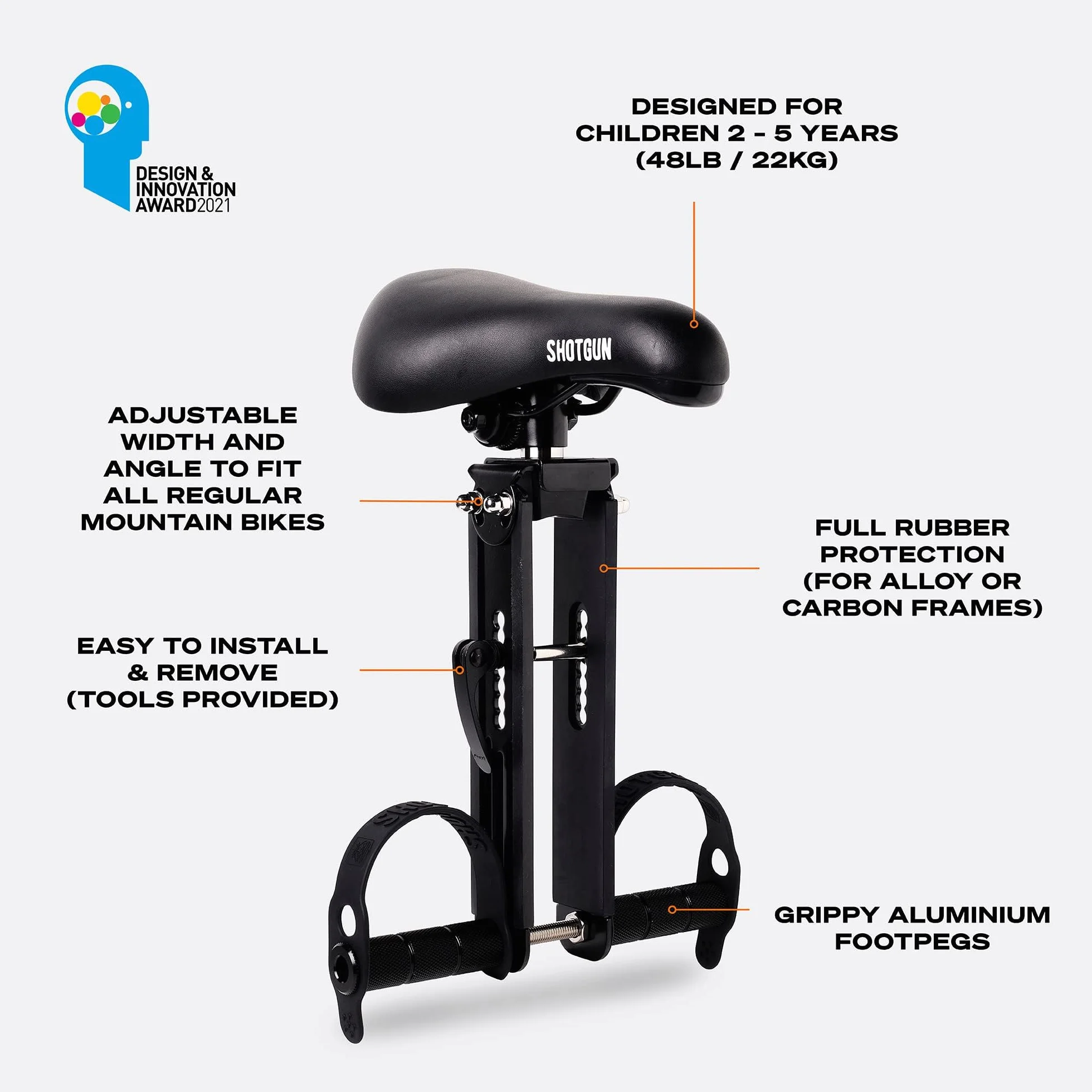 Kids Ride Shotgun – Combo Selle Enfant & Guidon – Montage à l'avant, pour Enfant de 2 à 5 Ans, Compatible avec la Plupart des VTT récents pour Adultes