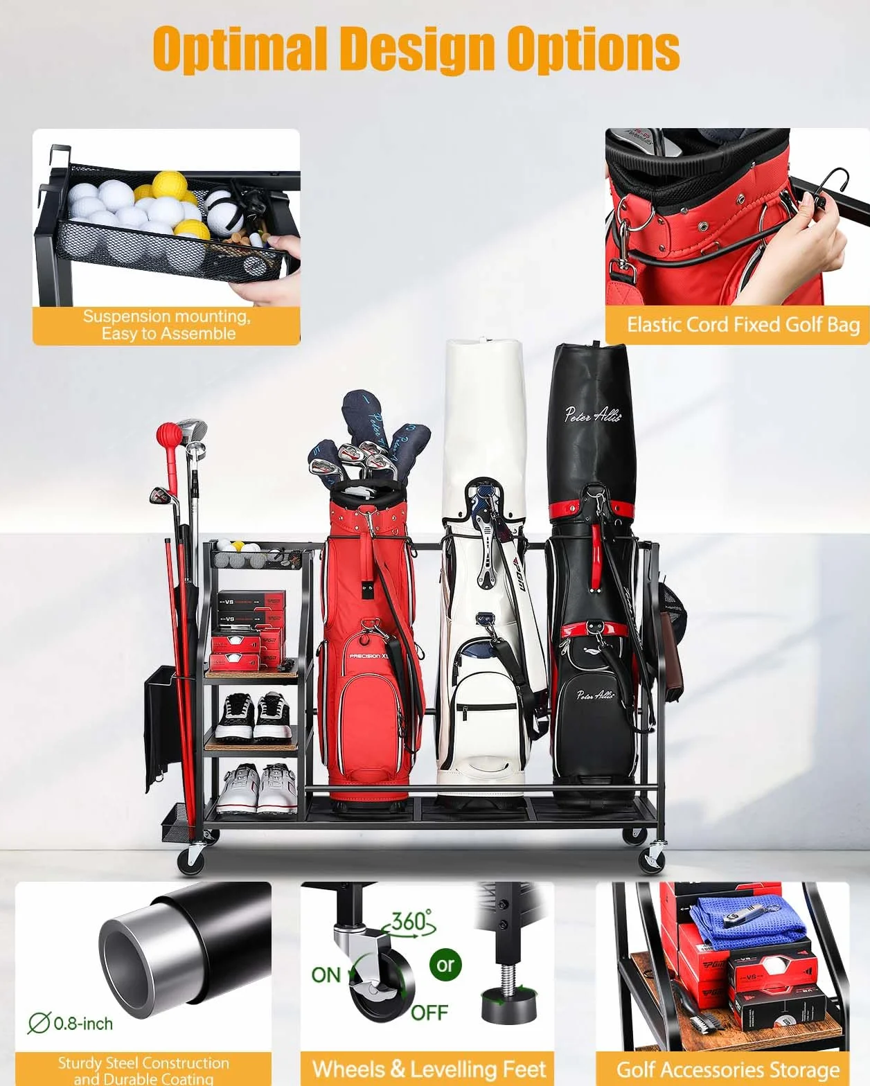 EXTCCT Organiseur de sacs de golf avec roulettes pour accessoires et clubs