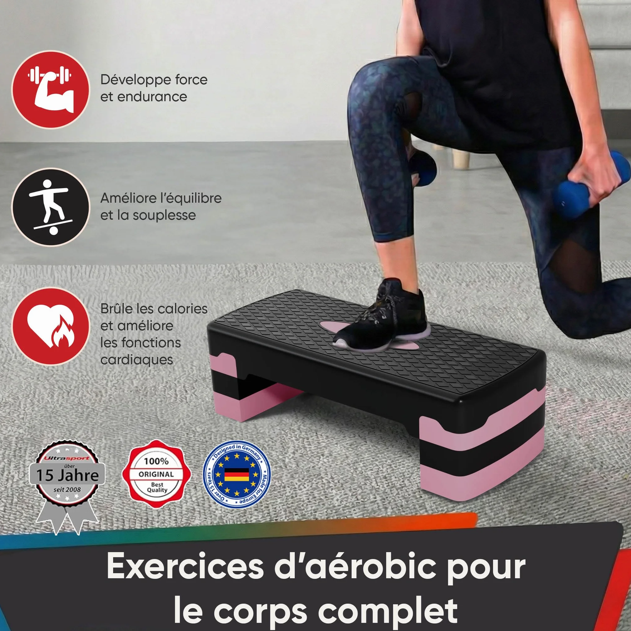 Ultrasport Step Aérobic Antidérapant Réglable 3 Niveaux Stepper Fitness 68 x 28 cm Rose