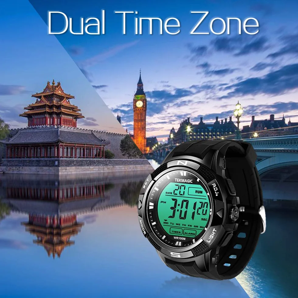 Montre de Natation Numérique Submersible Étanche 100 m Alarme Chronomètre Double Fuseau Horaire Compte à Rebours 12/24 Heures